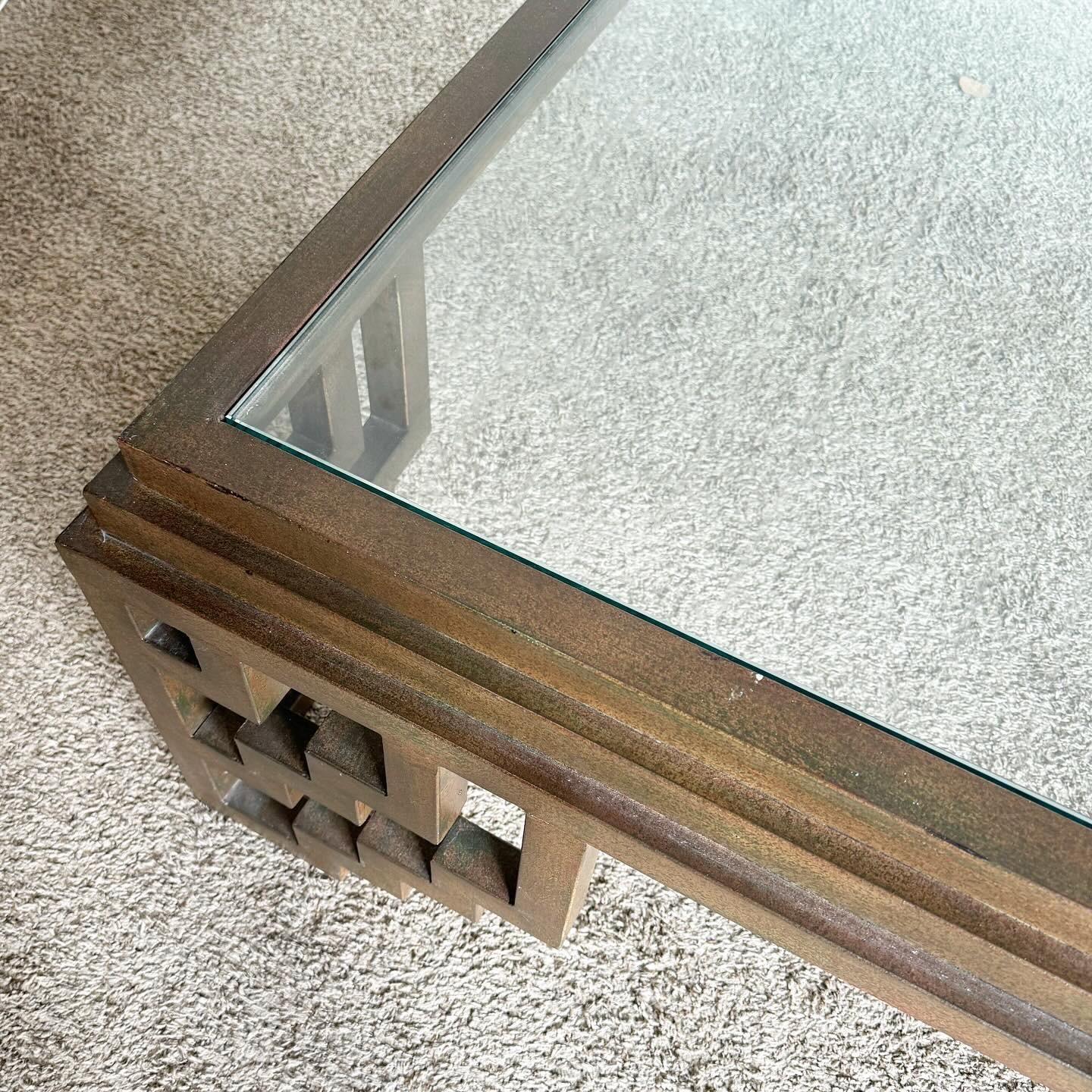 Métal Table basse chinoiseries Cooper finition métallique avec plateau en verre incrusté en vente