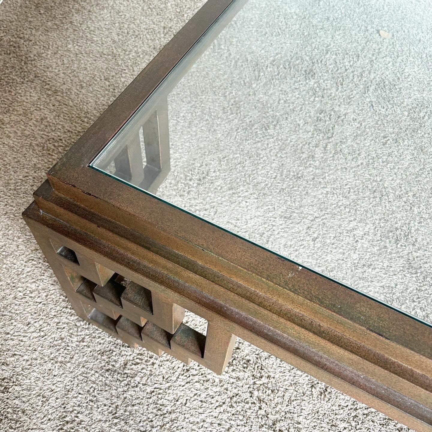 Chinoiserie Copper Finished Metal With Inlaid Glass Top Coffee Table 1