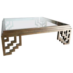 Chinoiserie Copper Finished Metal With Inlaid Glass Top Coffee Table