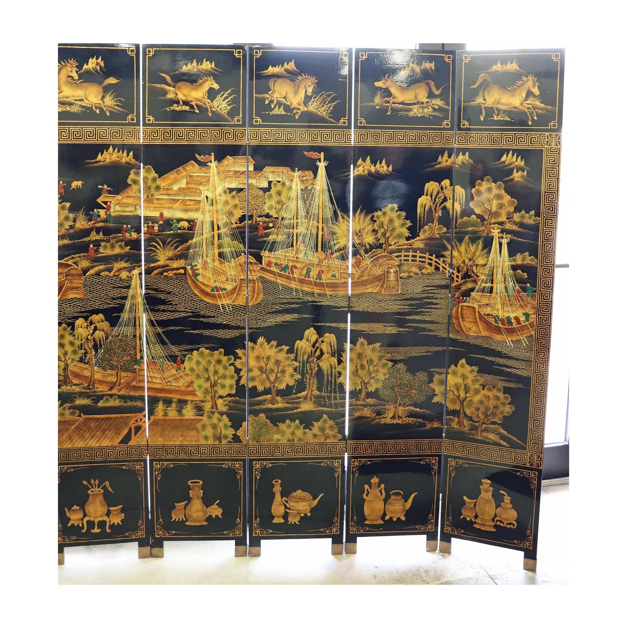 Milieu du XXe siècle Chinoiserie Coromandel 8-Panel Floor Screen (écran de sol) en vente