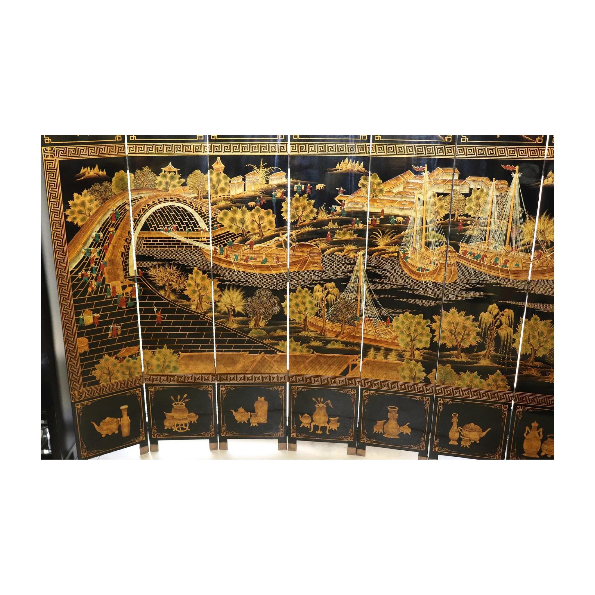 Bois Chinoiserie Coromandel 8-Panel Floor Screen (écran de sol) en vente
