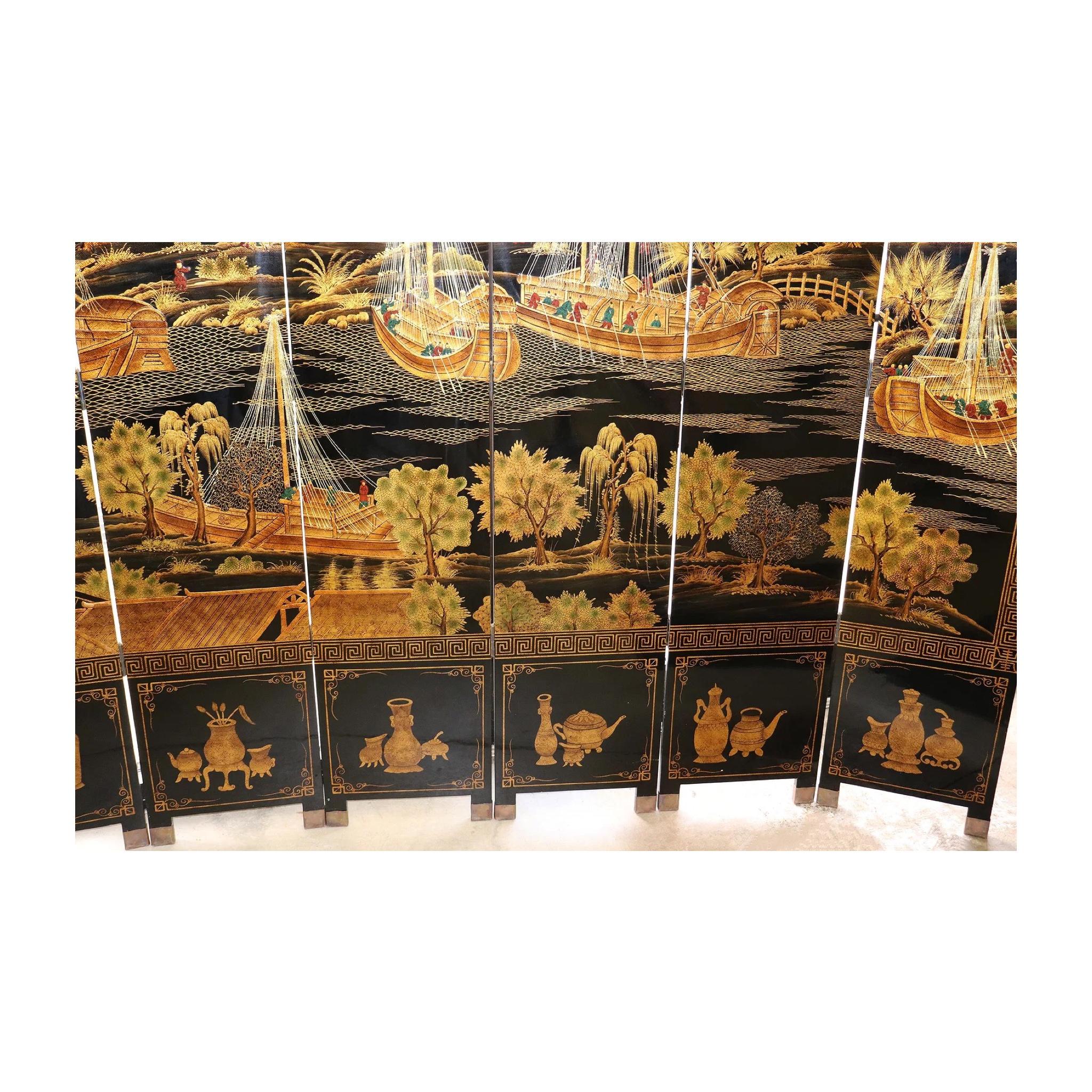 Chinoiserie Coromandel 8-Panel Floor Screen (écran de sol) en vente 2