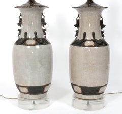 Chinoiserie Craquelure Ceramic Lamps Lucite Bases Mid Century Modern Glamour