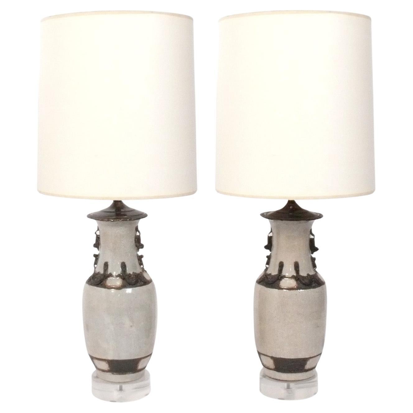 Chinoiserie Craquelure Ceramic Lamps Lucite Bases Mid Century Modern Glamour