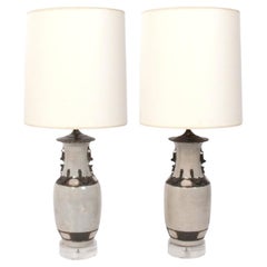 Chinoiserie Craquelure Ceramic Lamps Lucite Bases Mid Century Modern Glamour