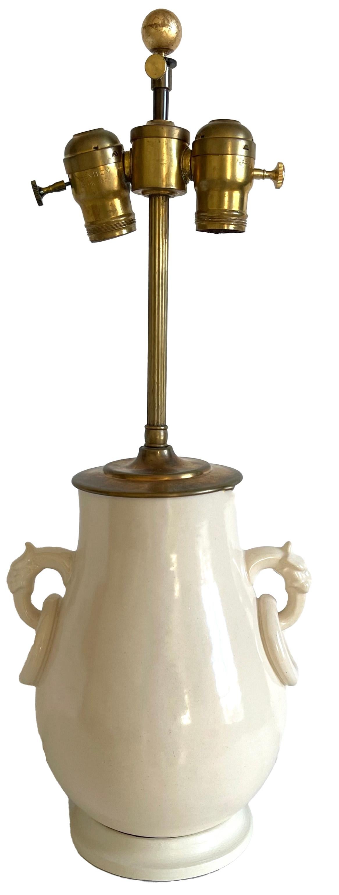 Chinoiserie Cream Colored Ceramic Lamp For Sale 2