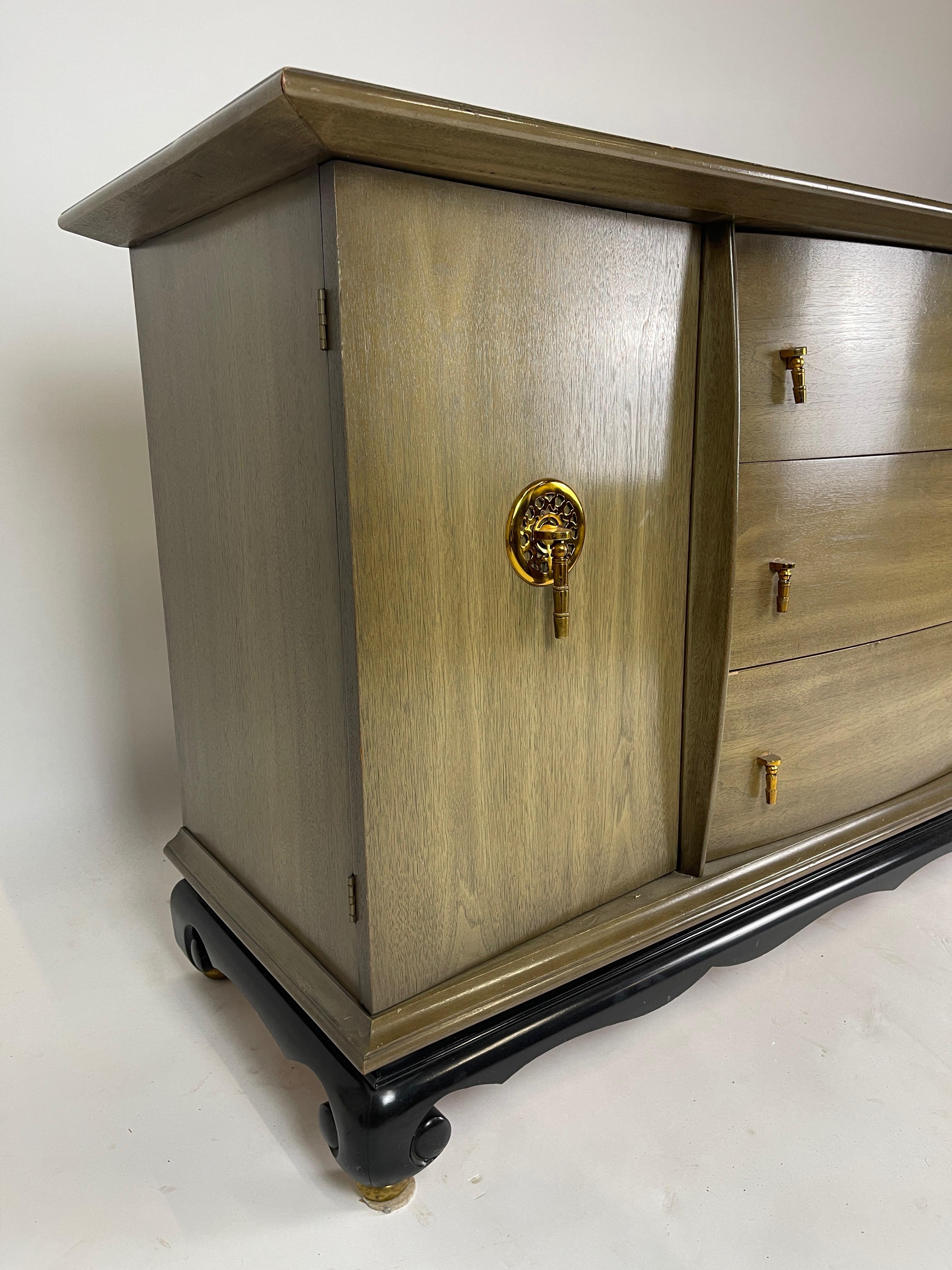 American Chinoiserie Credenza Chest Sideboard w. Brass Tassel Pulls