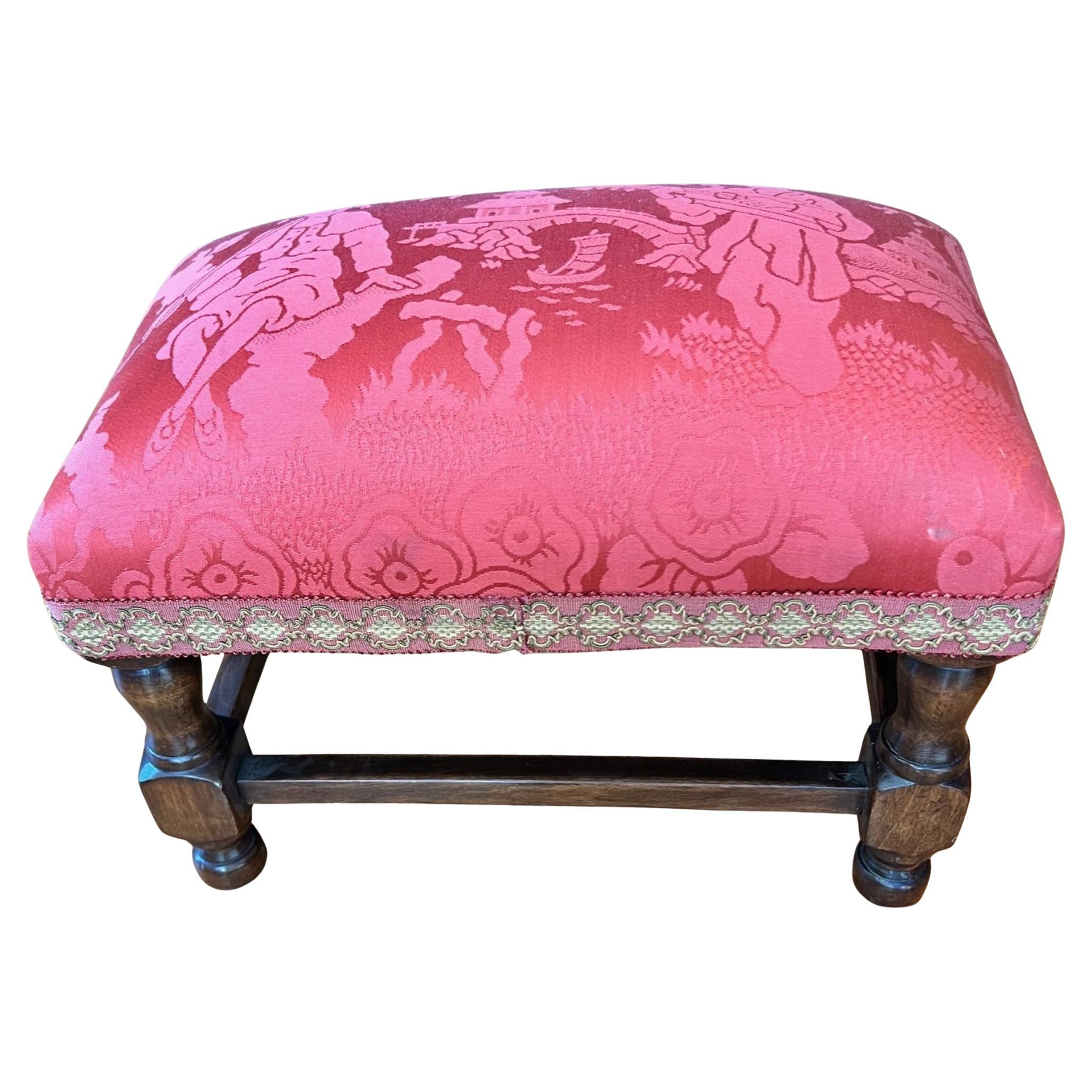 Chinoiserie Damask Upholstered Footstool in Cranberry Silk Iris Apfel Collection For Sale