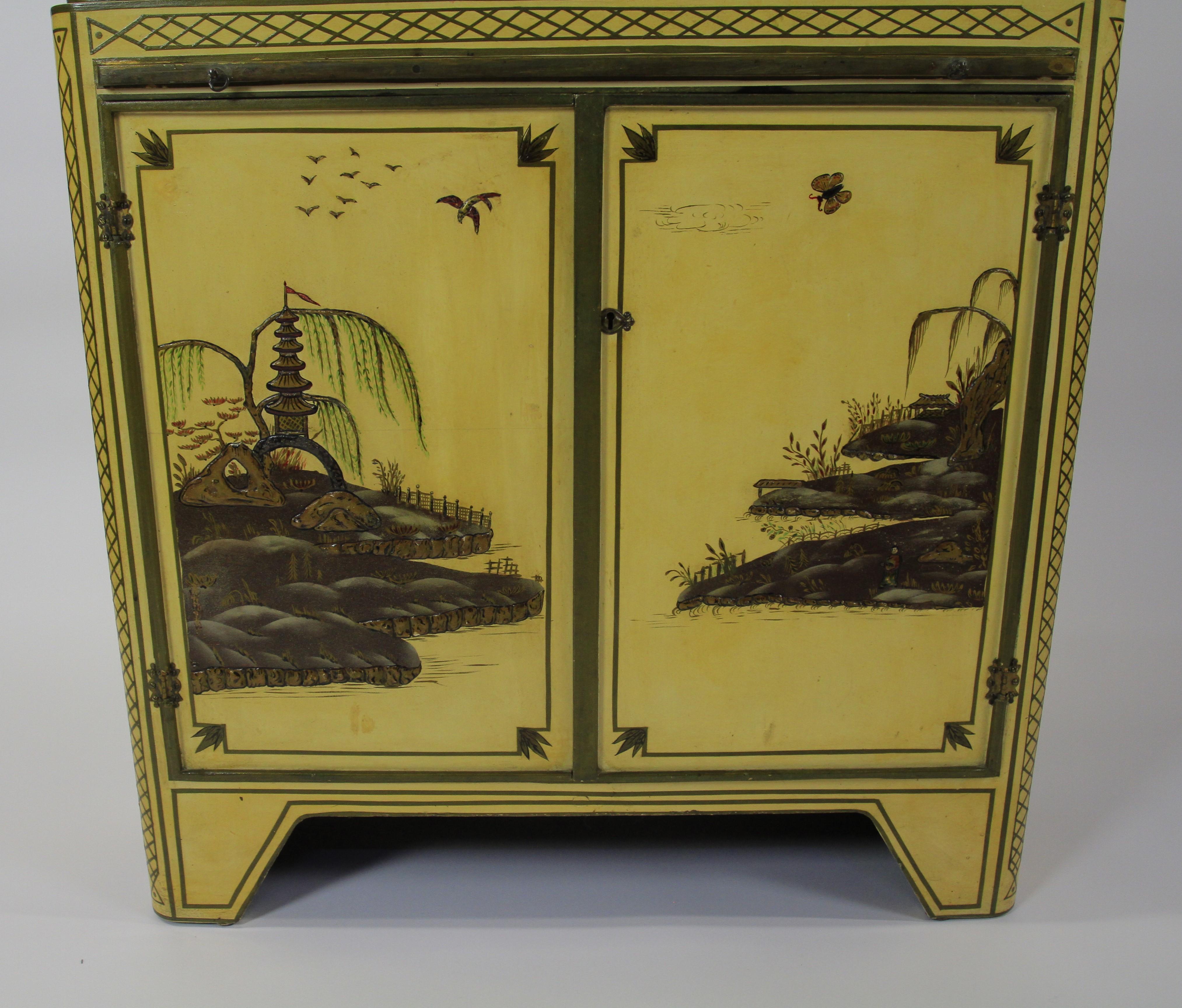 British Chinoiserie Decorated 4 door cupboard circa 1900 For Sale