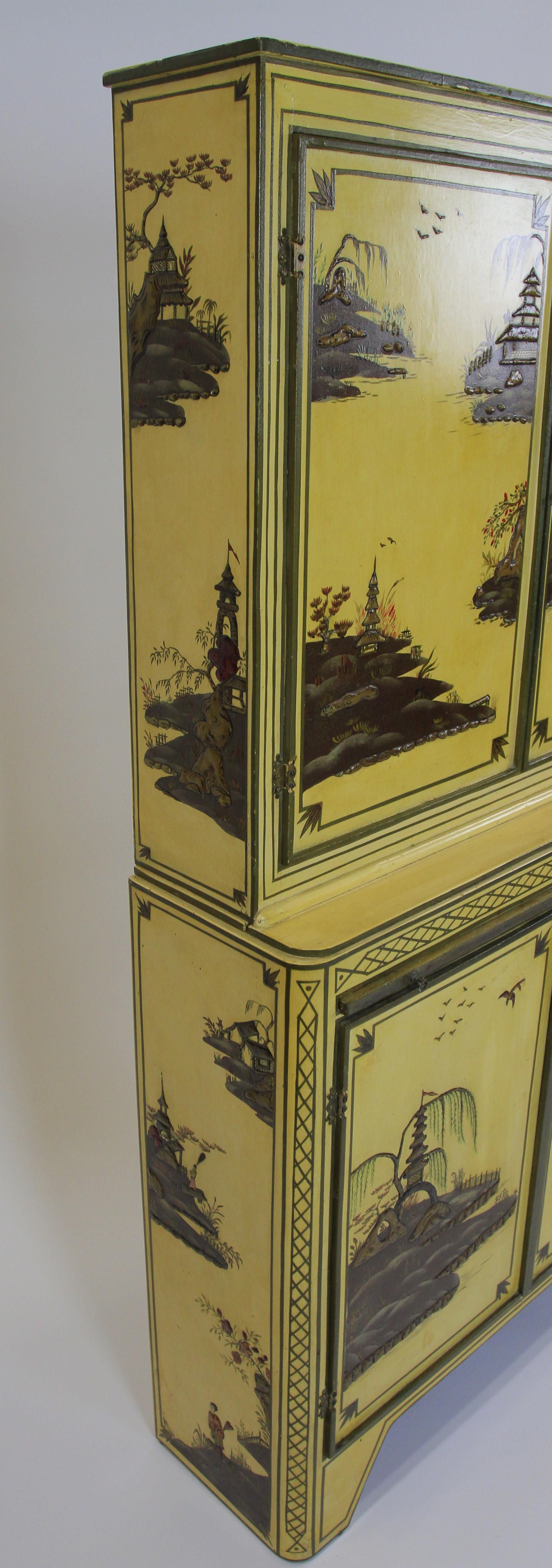 Lacquered Chinoiserie Decorated 4 door cupboard circa 1900 For Sale