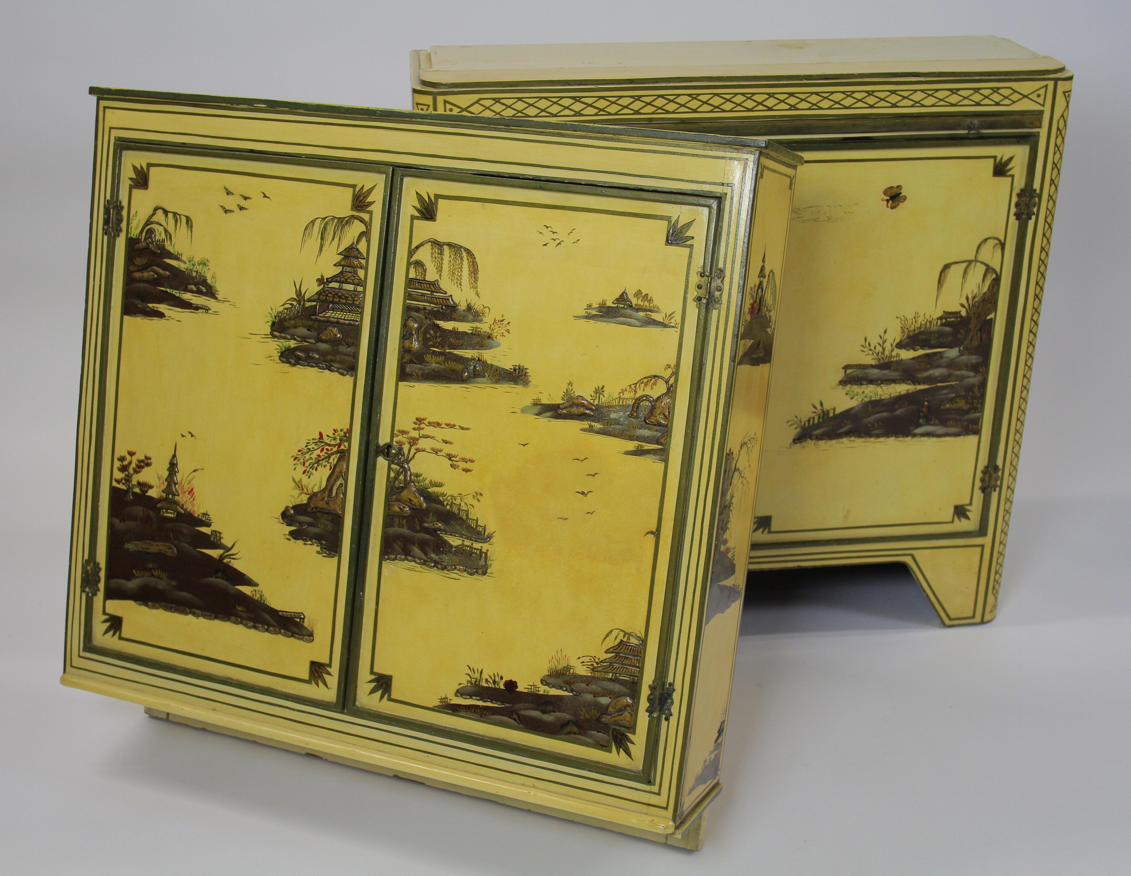 Lacquer Chinoiserie Decorated 4 door cupboard circa 1900 For Sale