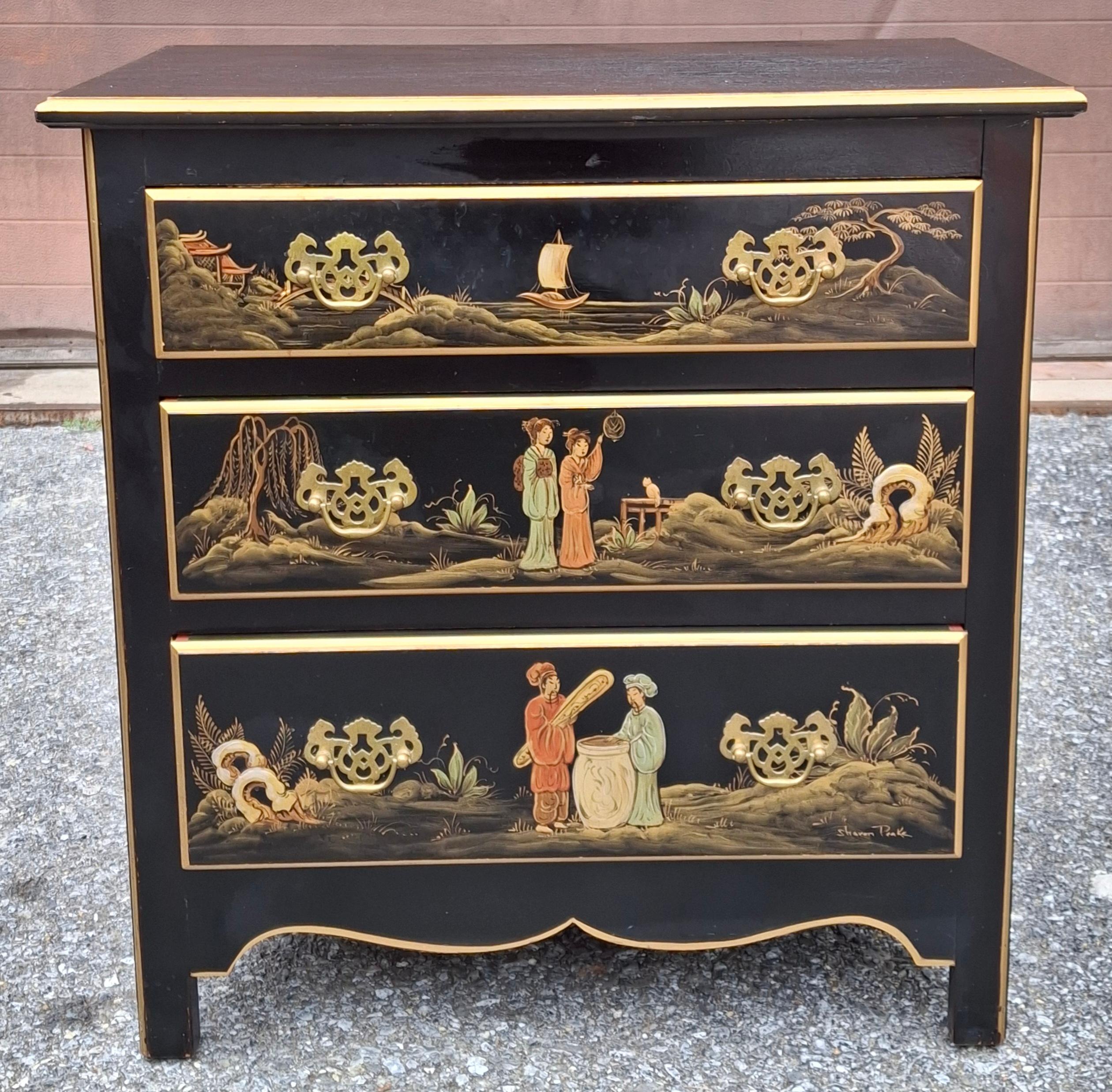 Unknown Chinoiserie Decorated and Ebonized Wood Side Chest, Signed For Sale
