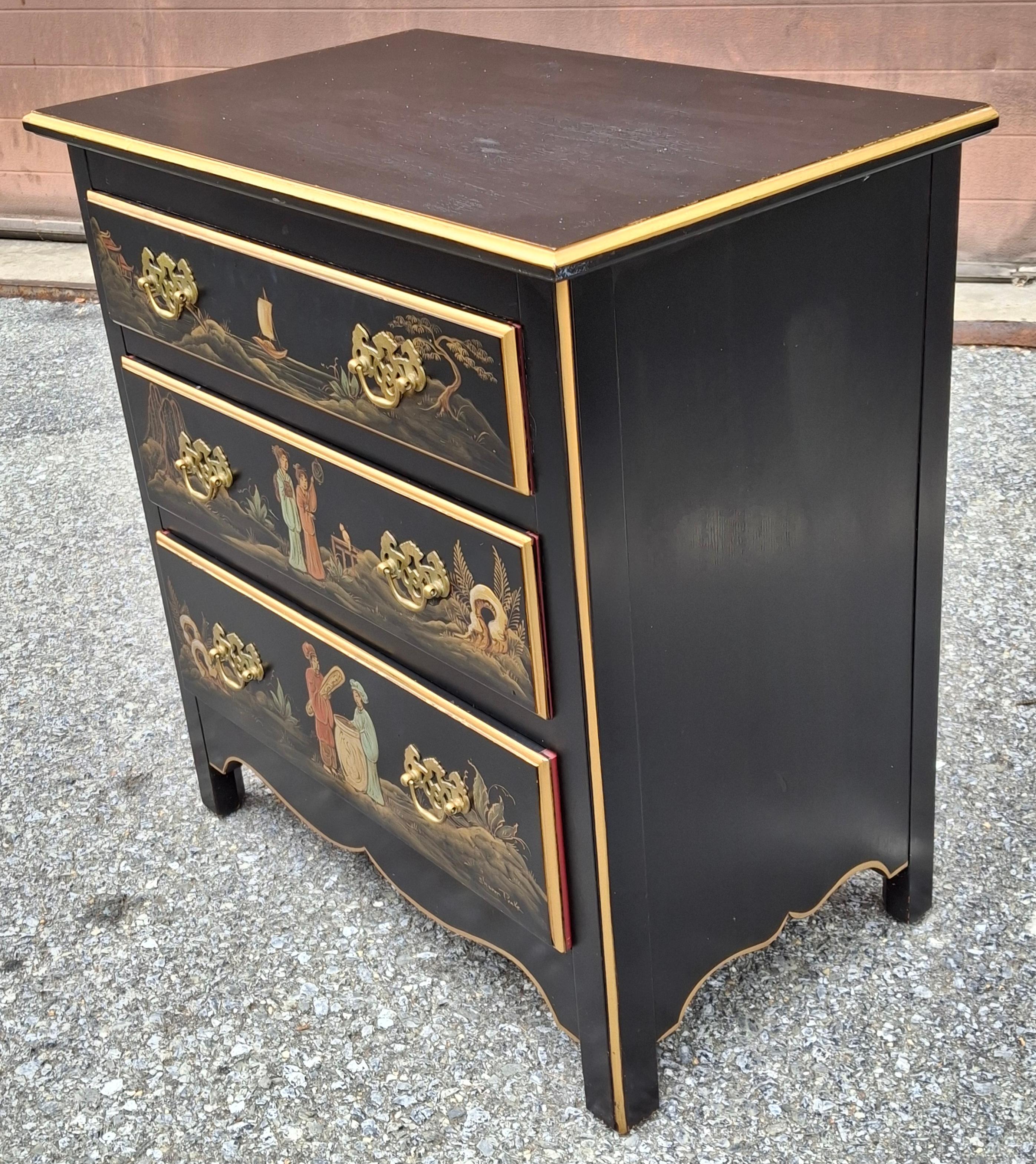 Lacquered Chinoiserie Decorated and Ebonized Wood Side Chest, Signed For Sale