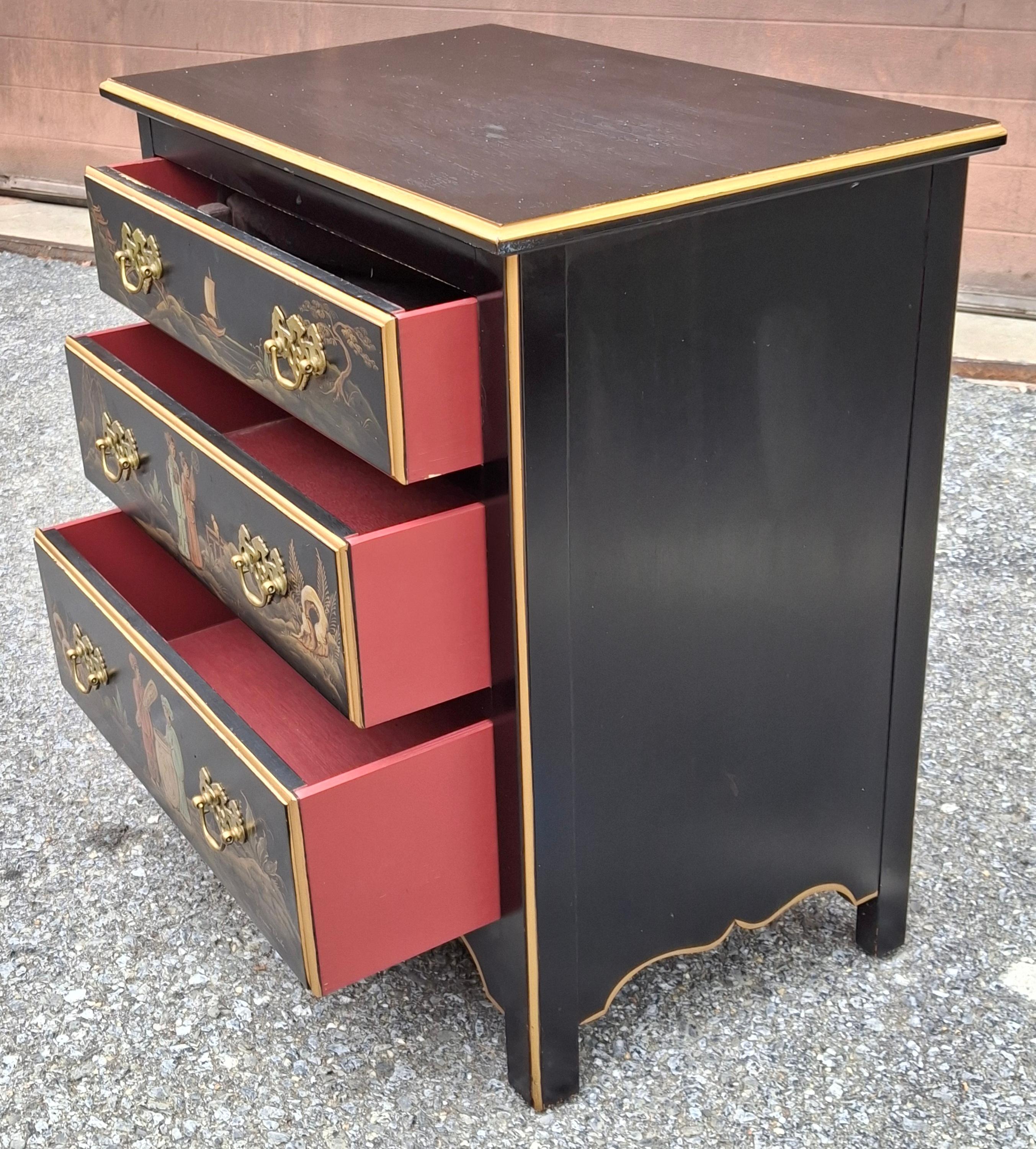 Chinoiserie Decorated and Ebonized Wood Side Chest, Signed In Good Condition For Sale In Germantown, MD