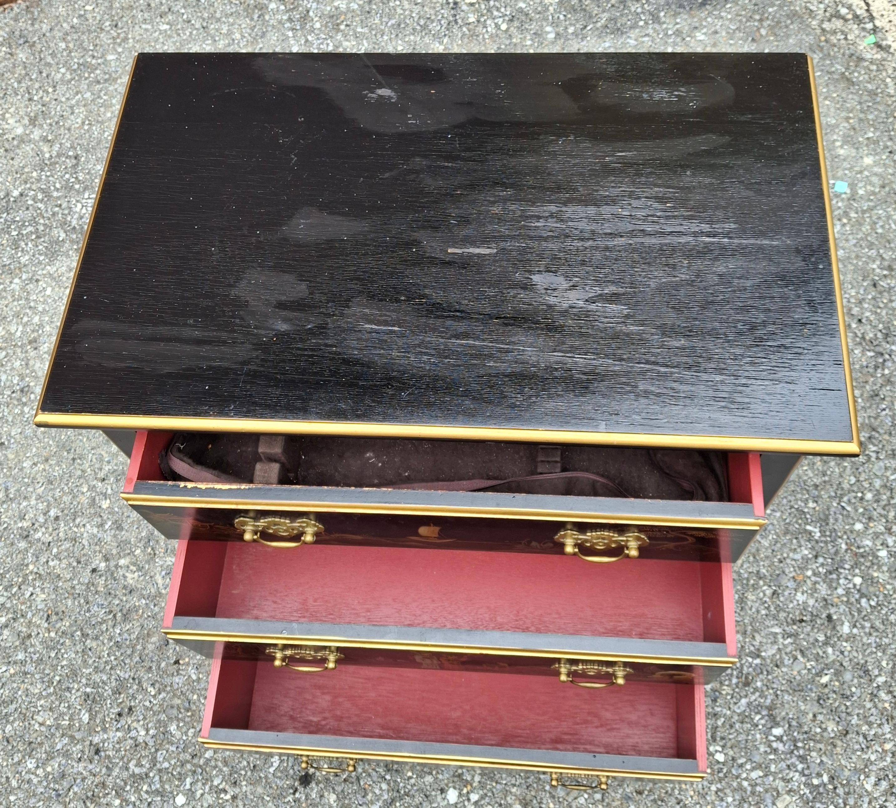 20th Century Chinoiserie Decorated and Ebonized Wood Side Chest, Signed For Sale