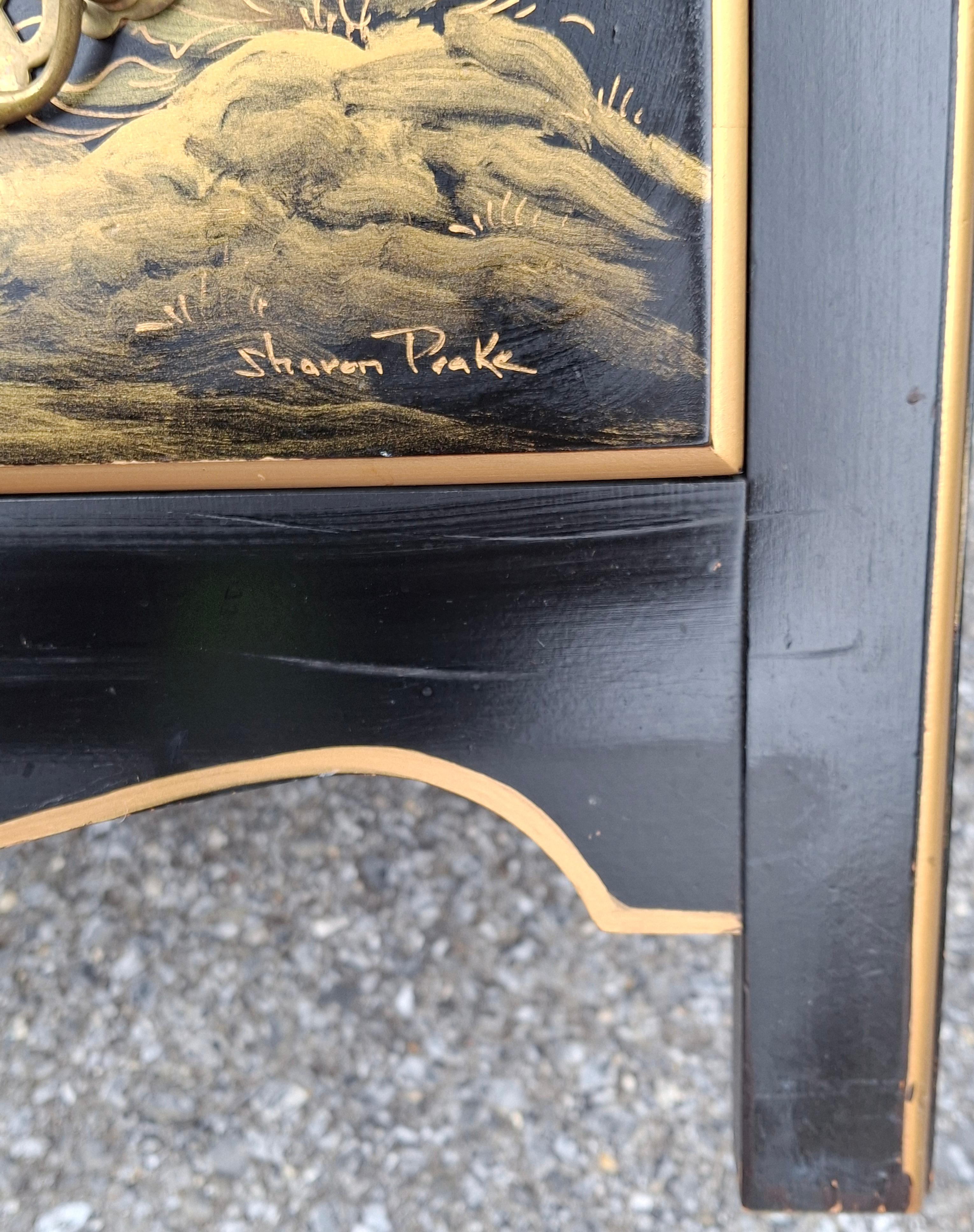 Chinoiserie Decorated and Ebonized Wood Side Chest, Signed For Sale 3