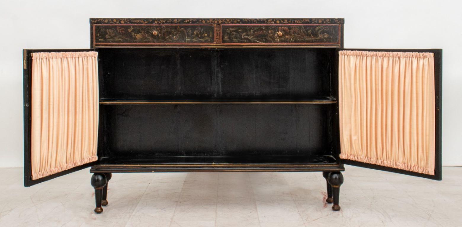 Wood Chinoiserie Decorated Black Lacquer Cabinet