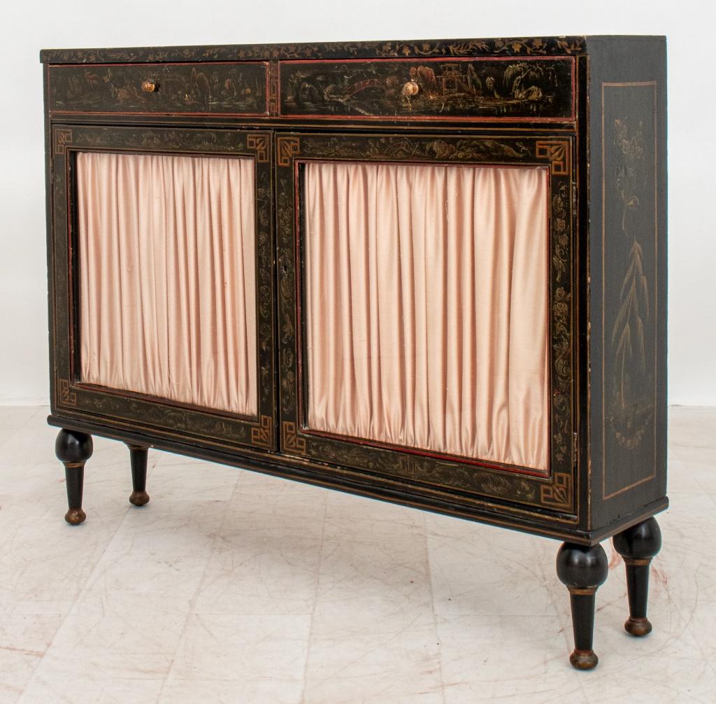 Chinoiserie Decorated Black Lacquer Cabinet 1