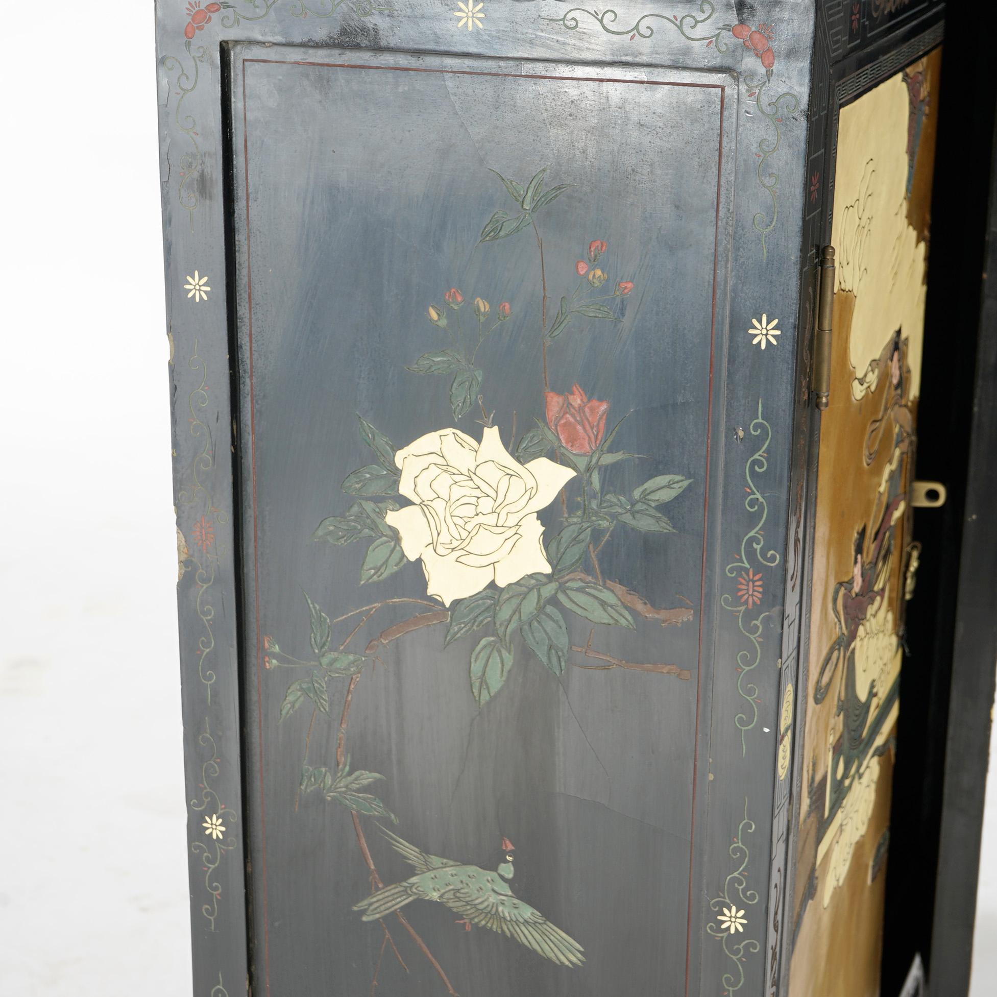 Chinoiserie Decorated Black Lacquer Cabinet with Spiritual Scene, 20th C 7