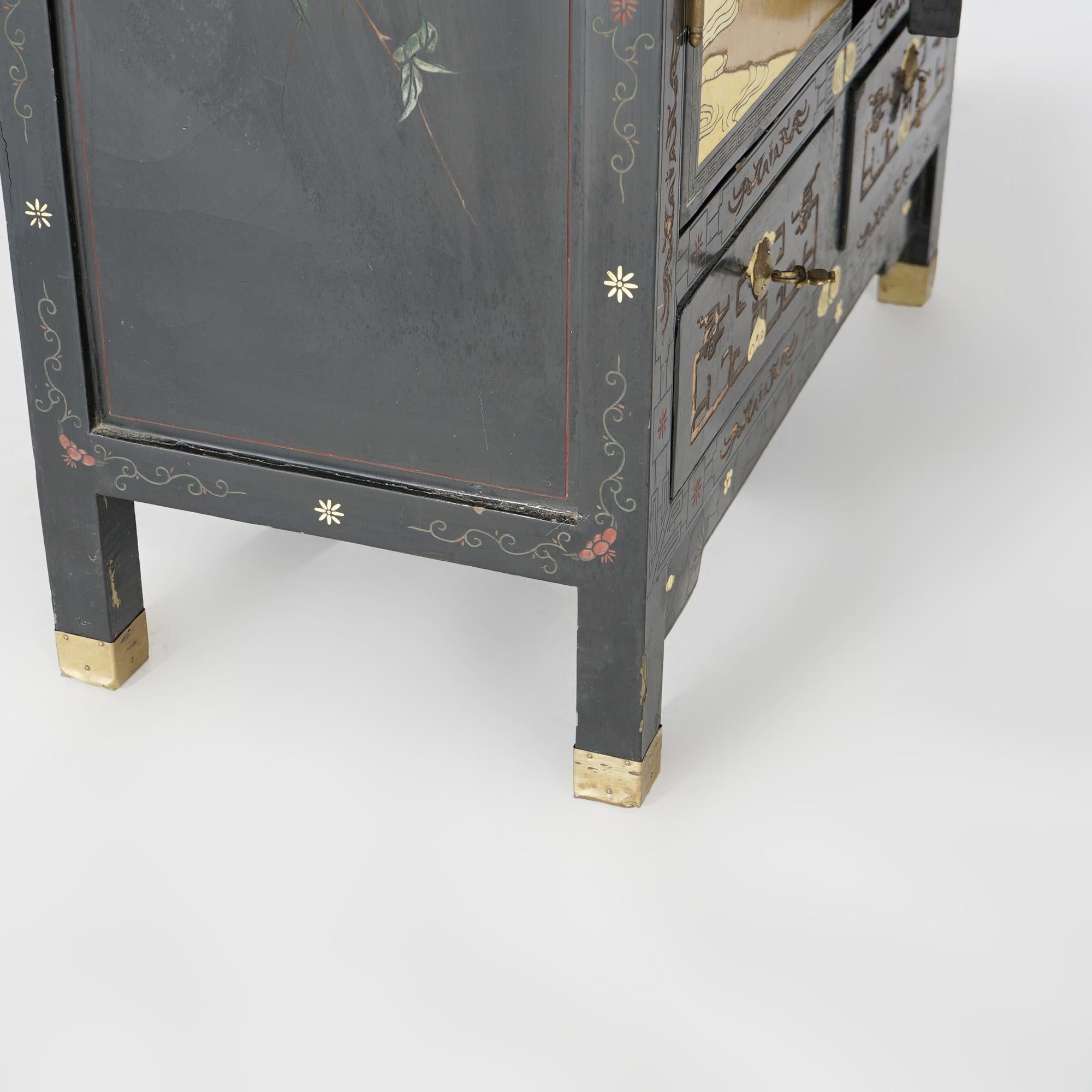 Chinoiserie Decorated Black Lacquer Cabinet with Spiritual Scene, 20th C 9