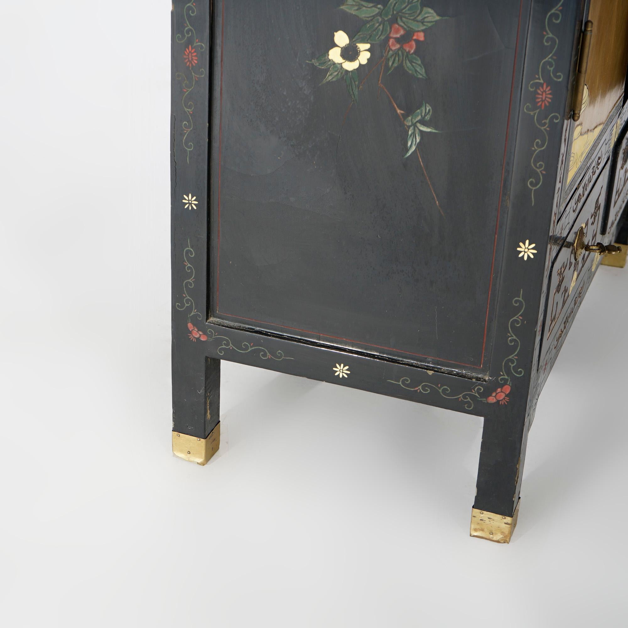 Chinoiserie Decorated Black Lacquer Cabinet with Spiritual Scene, 20th C 10