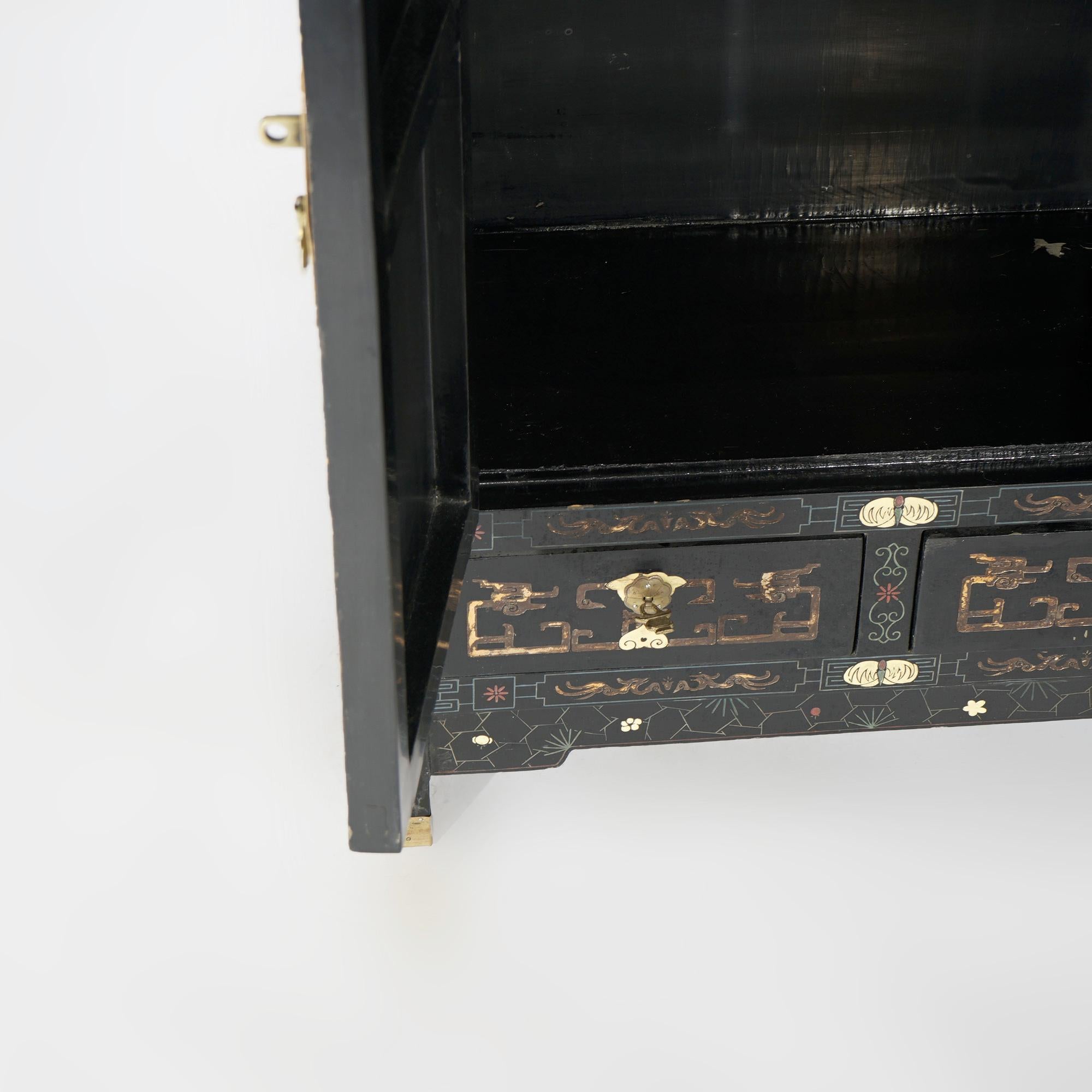 Chinoiserie Decorated Black Lacquer Cabinet with Spiritual Scene, 20th C 11