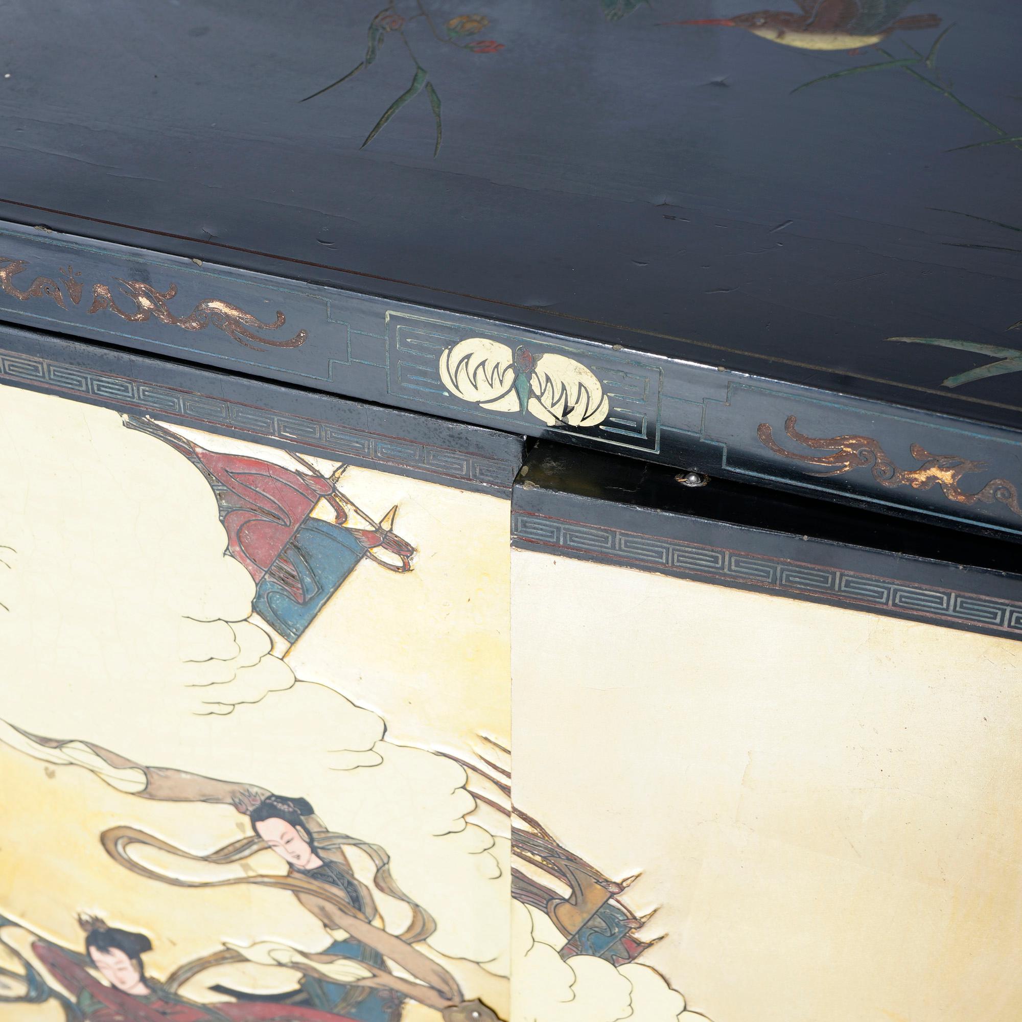 Chinoiserie Decorated Black Lacquer Cabinet with Spiritual Scene, 20th C 12