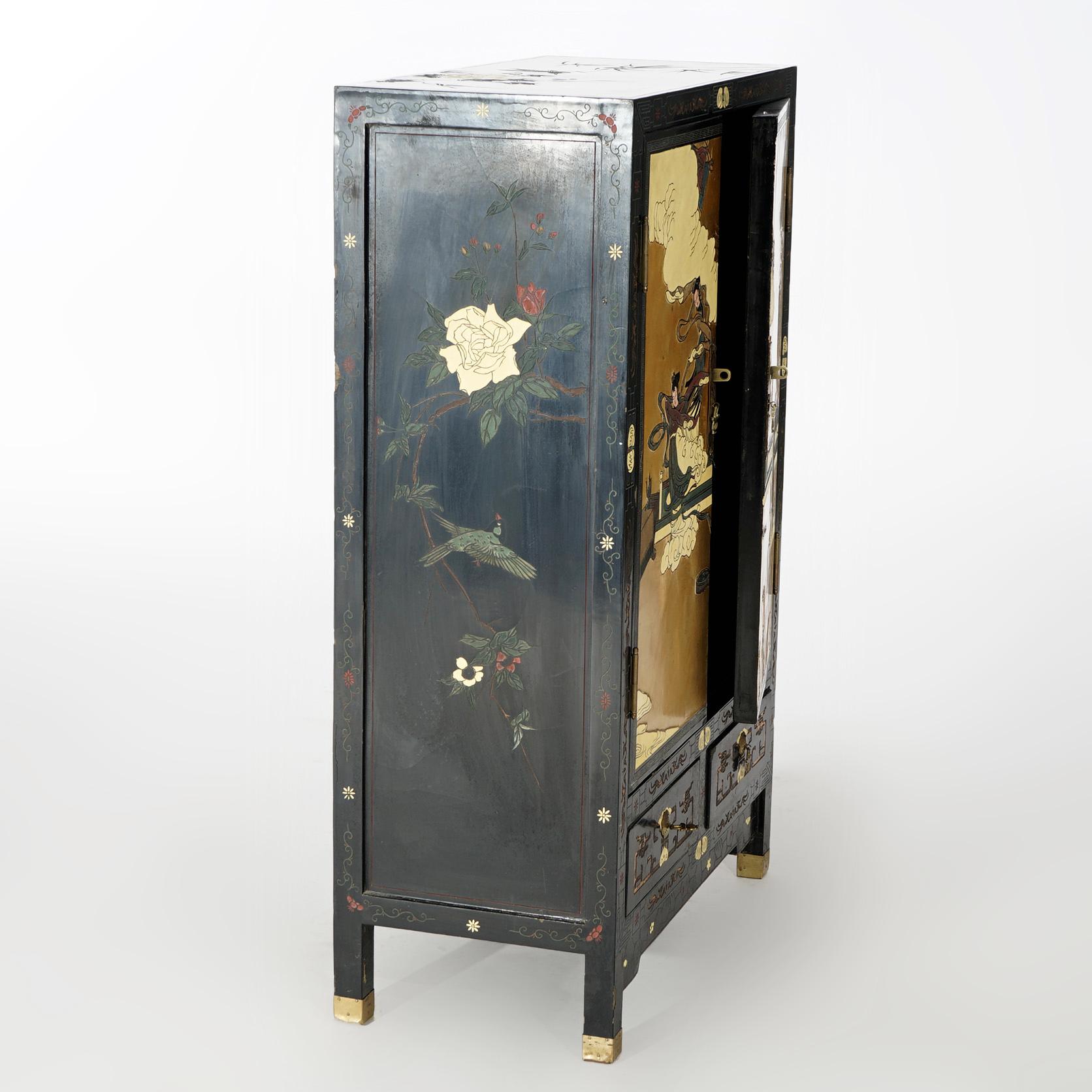 Painted Chinoiserie Decorated Black Lacquer Cabinet with Spiritual Scene, 20th C