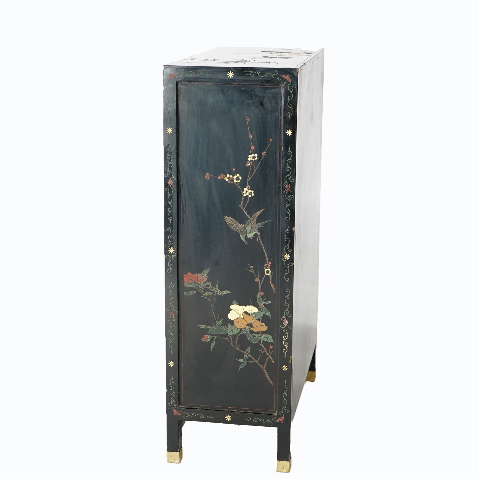 Chinoiserie Decorated Black Lacquer Cabinet with Spiritual Scene, 20th C In Good Condition In Big Flats, NY