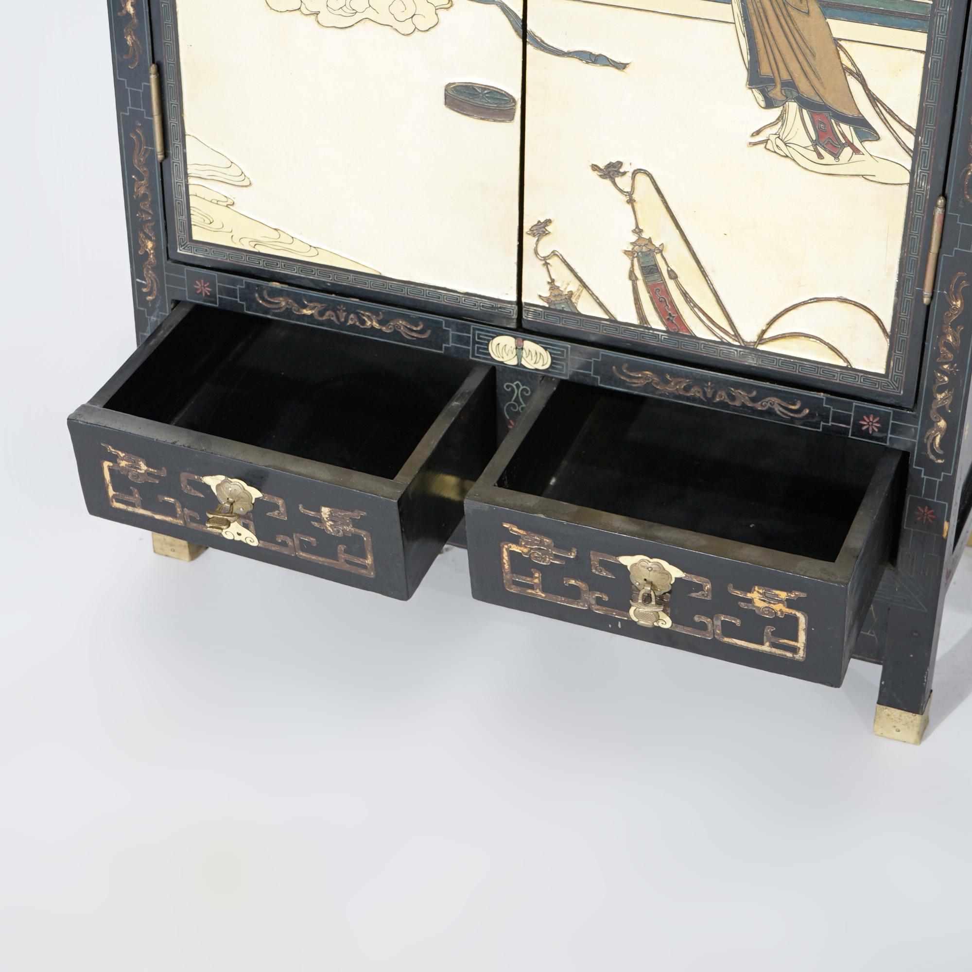 Wood Chinoiserie Decorated Black Lacquer Cabinet with Spiritual Scene, 20th C