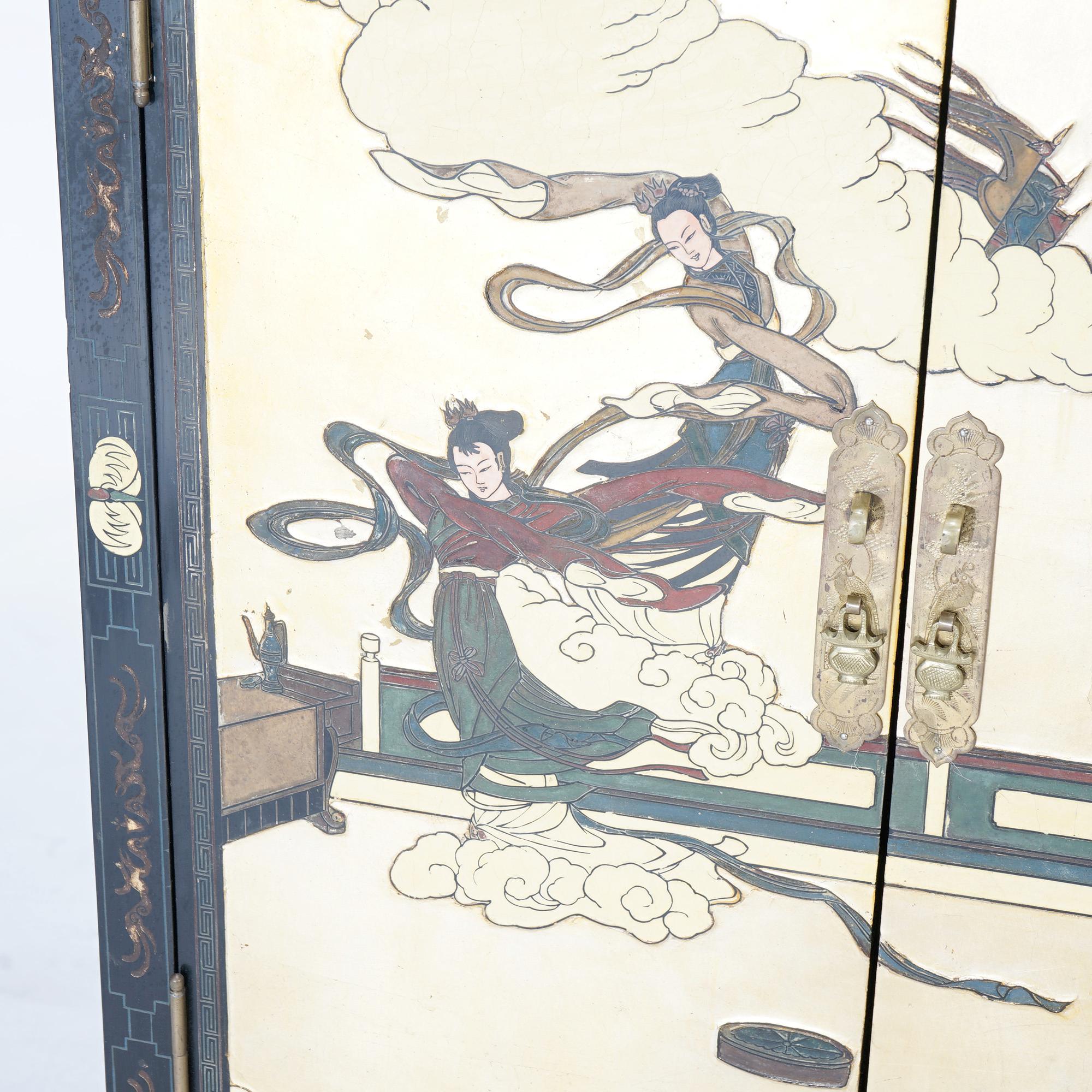 Chinoiserie Decorated Black Lacquer Cabinet with Spiritual Scene, 20th C 2