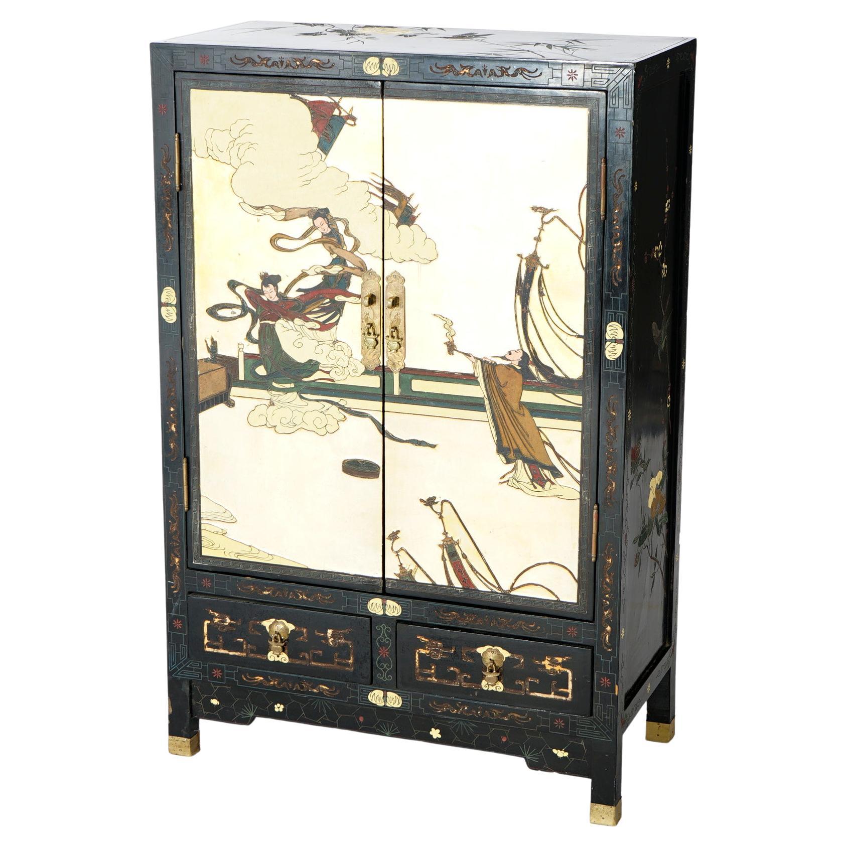 Chinoiserie Decorated Black Lacquer Cabinet with Spiritual Scene, 20th C