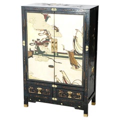 Chinoiserie Decorated Black Lacquer Cabinet with Spiritual Scene, 20th C