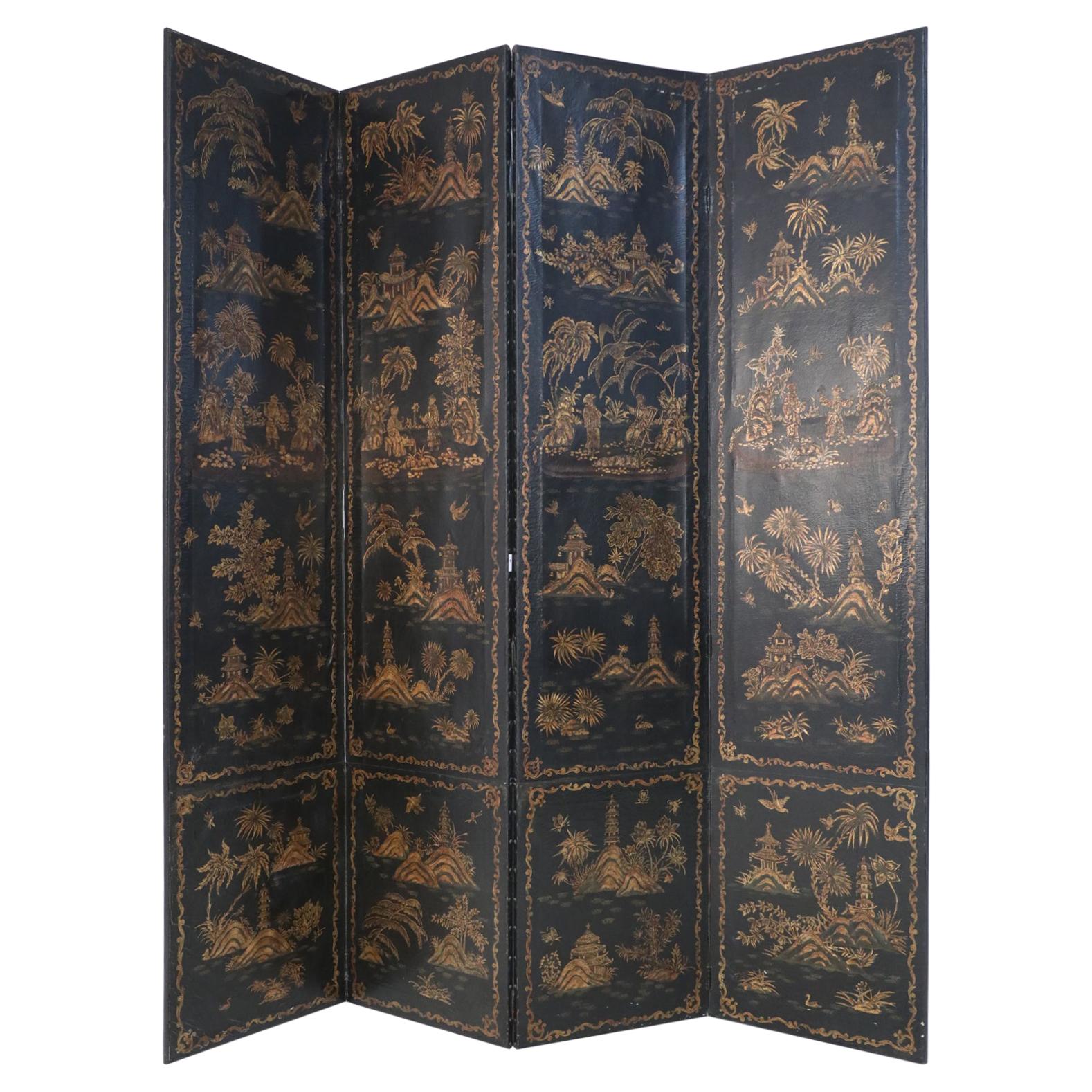 Chinoiserie-Decorated Black Wood and Leather 4-Panel Folding Screen