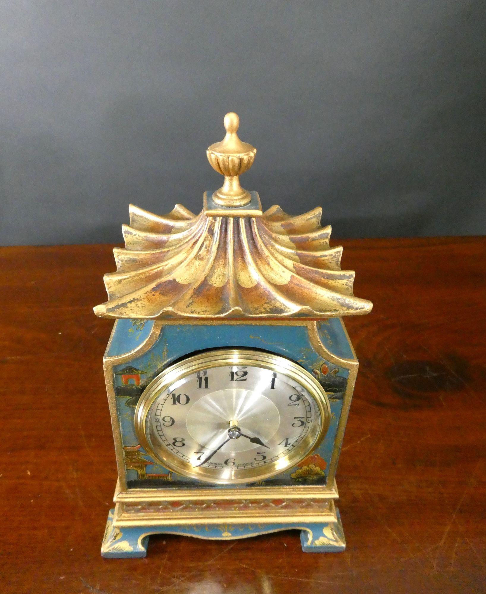 Chinoiserie Decorated Blue Pagoda Top Mantel Clock, Asprey, London For Sale 5
