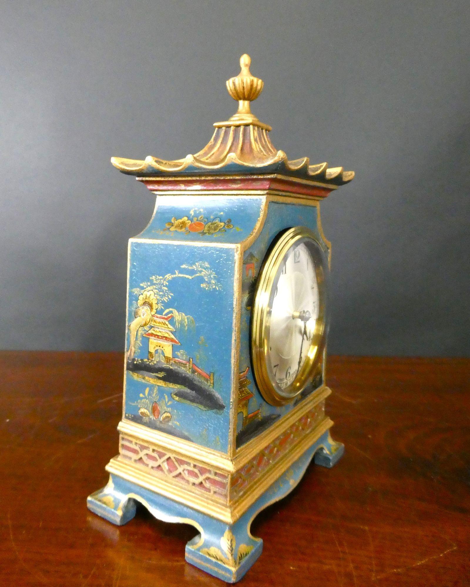 French Chinoiserie Decorated Blue Pagoda Top Mantel Clock, Asprey, London For Sale