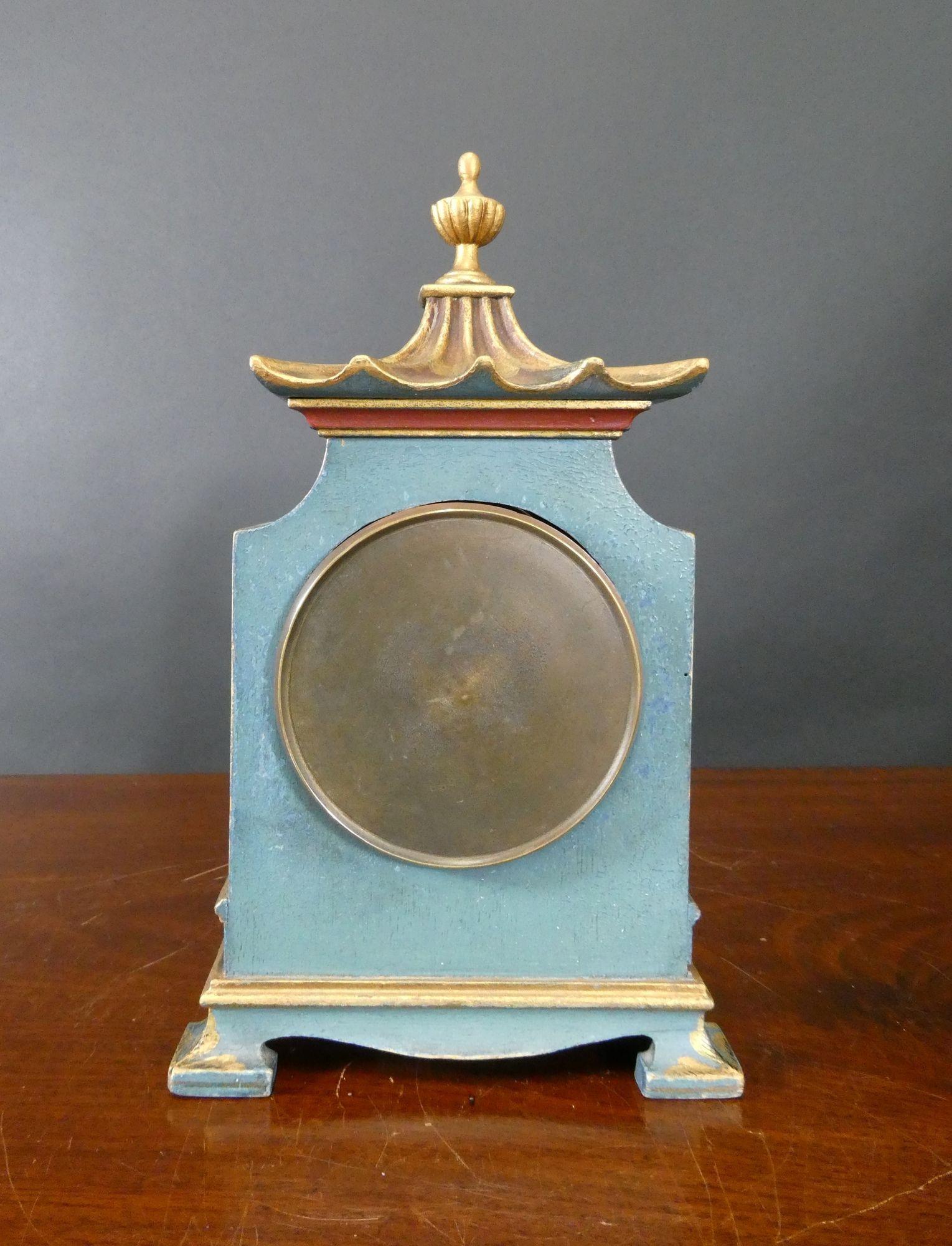 Chinoiserie Decorated Blue Pagoda Top Mantel Clock, Asprey, London In Good Condition For Sale In Norwich, GB