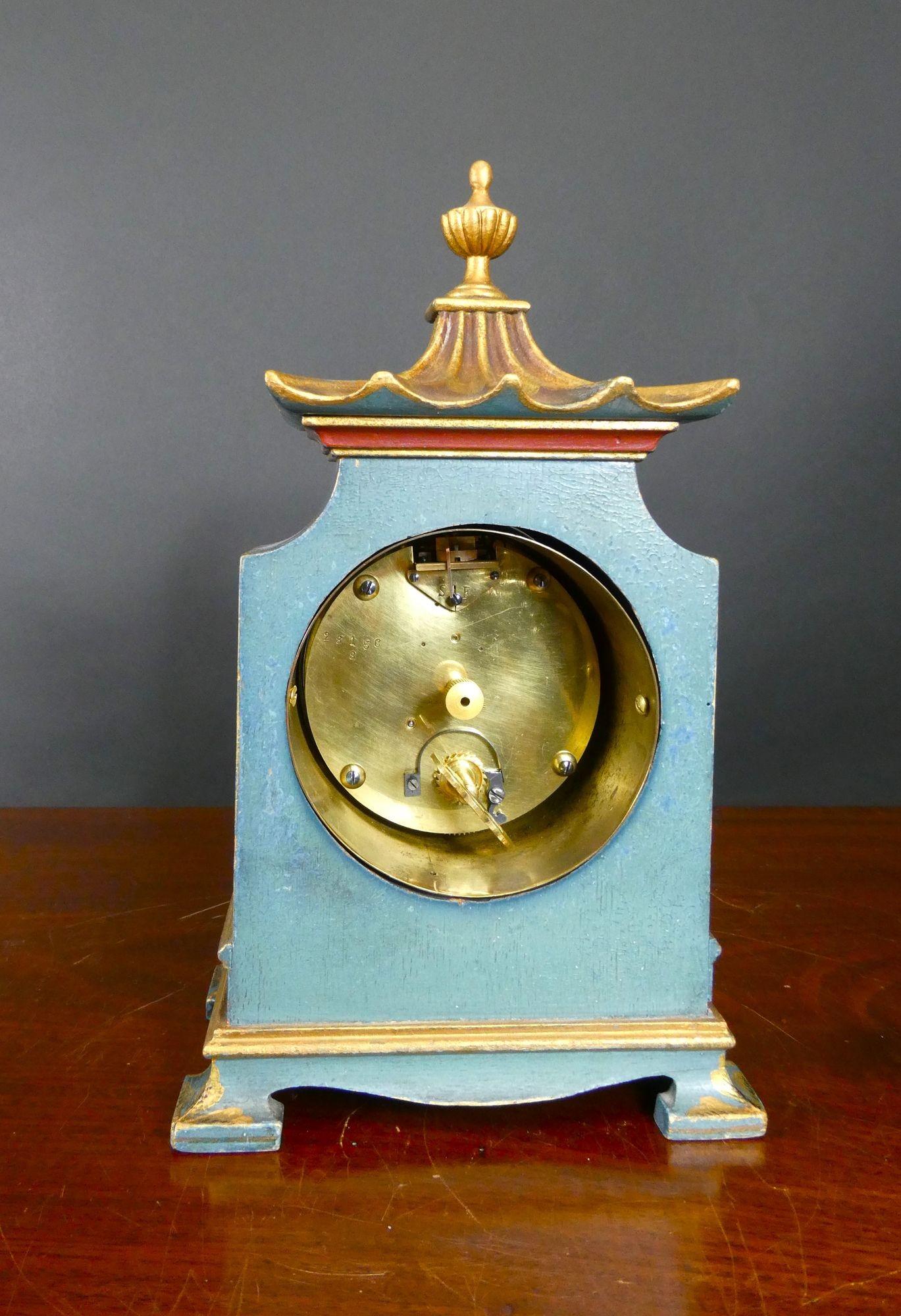 Early 20th Century Chinoiserie Decorated Blue Pagoda Top Mantel Clock, Asprey, London For Sale