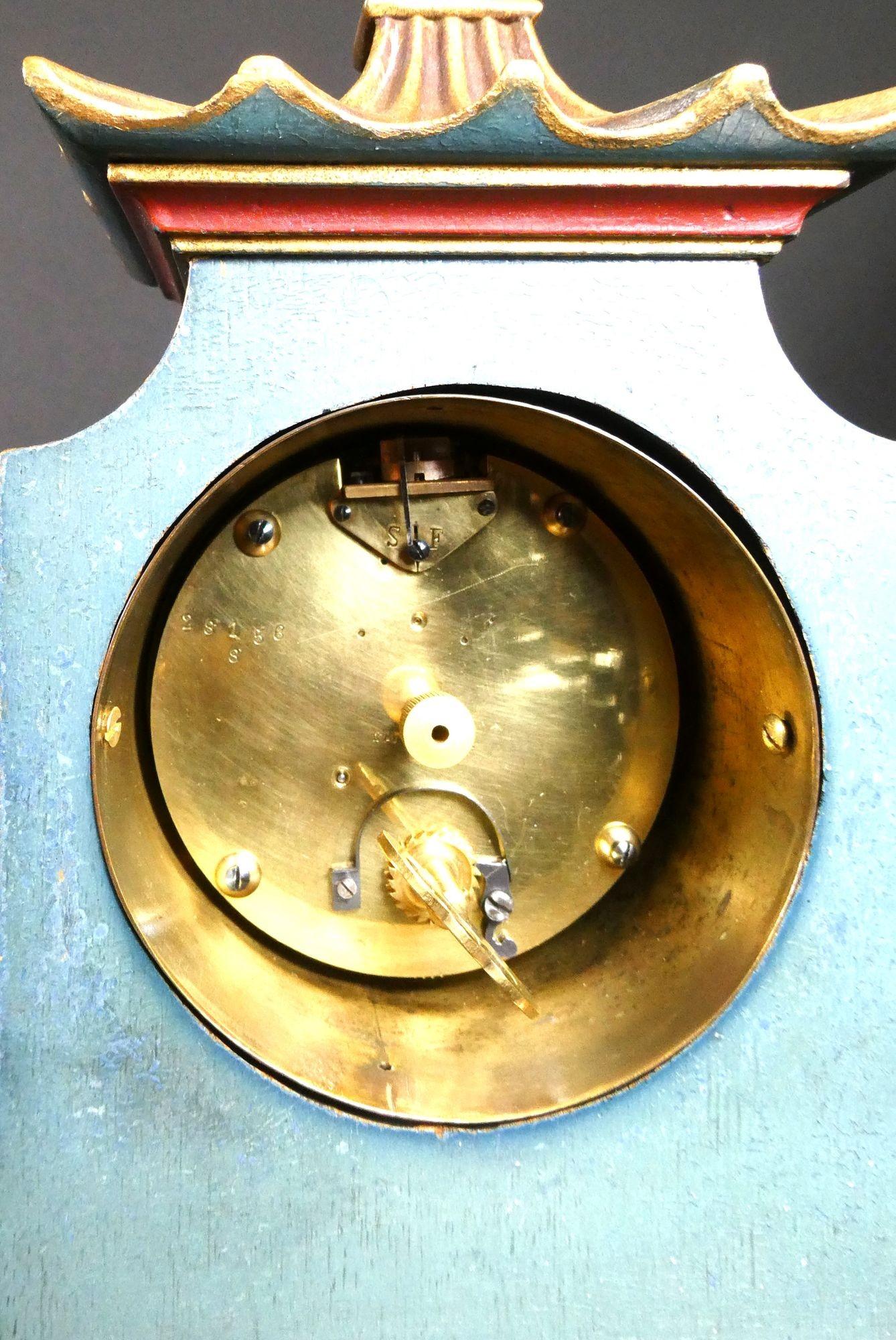 Fruitwood Chinoiserie Decorated Blue Pagoda Top Mantel Clock, Asprey, London For Sale
