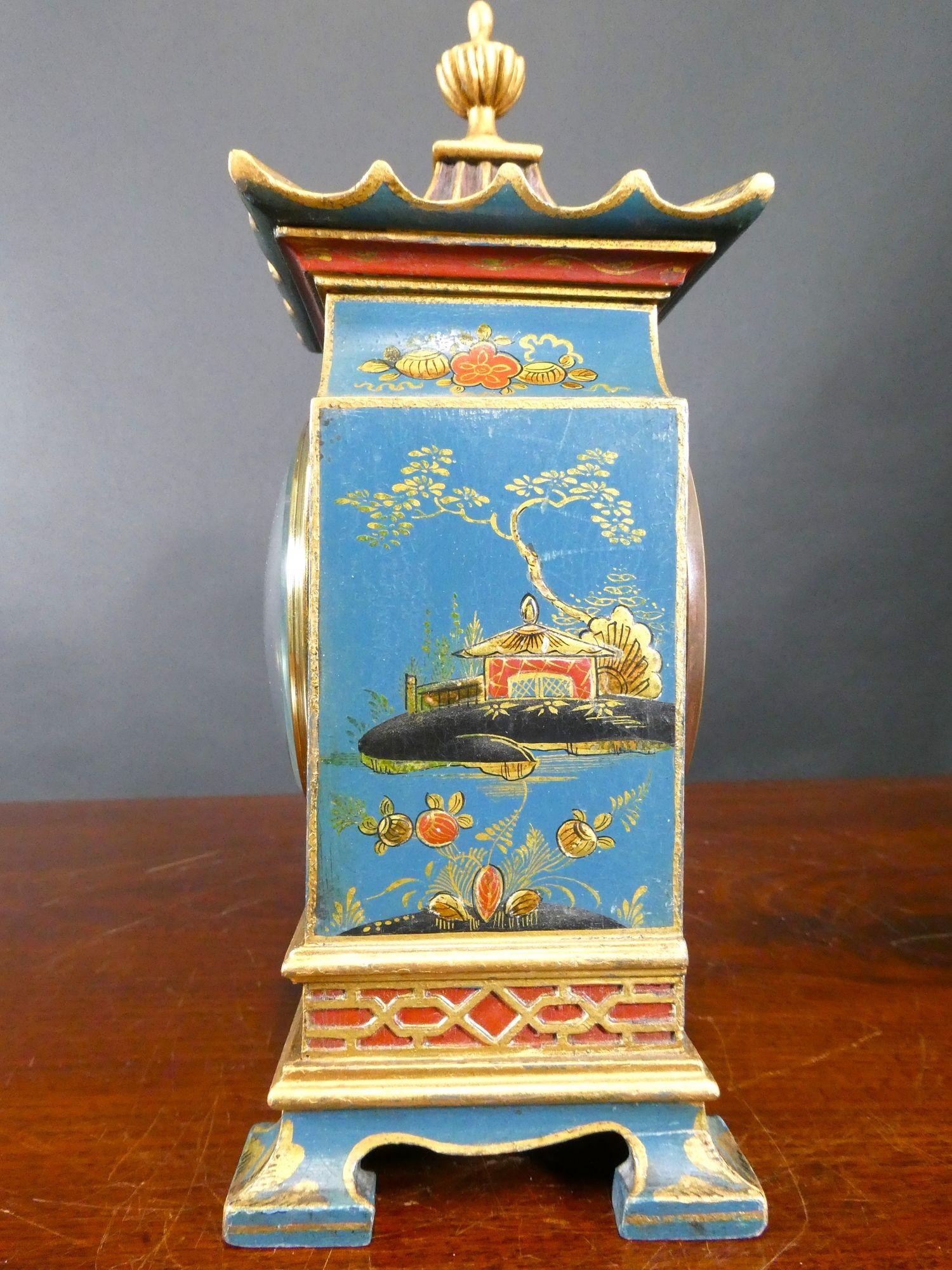 Chinoiserie Decorated Blue Pagoda Top Mantel Clock, Asprey, London For Sale 1