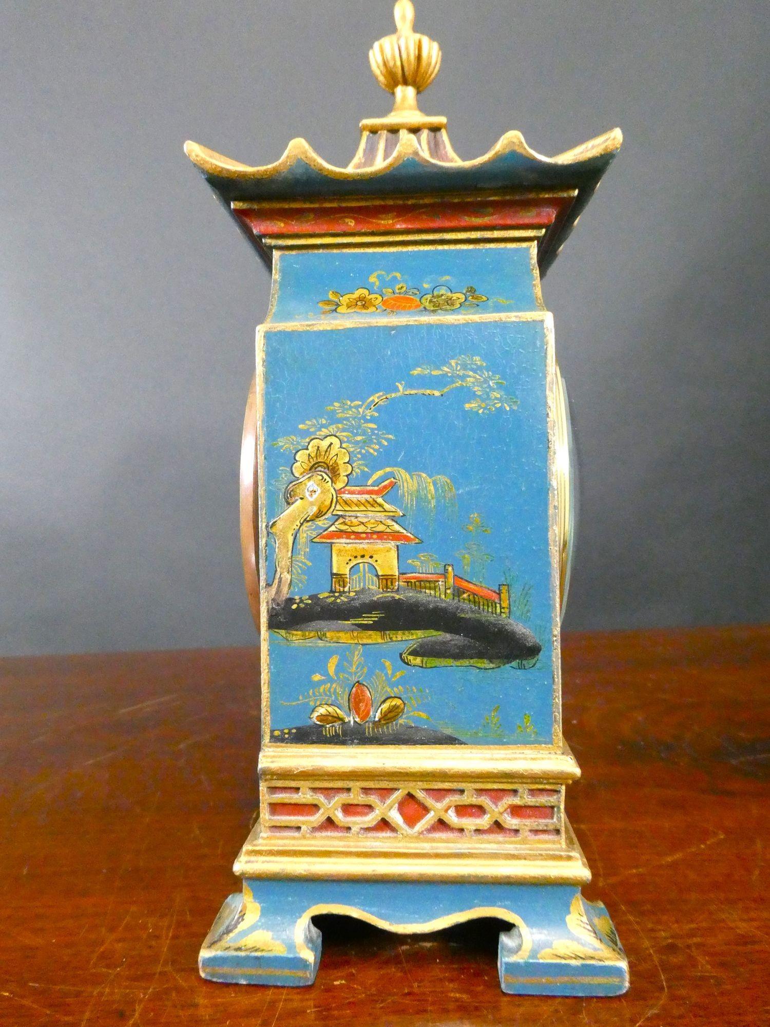 Chinoiserie Decorated Blue Pagoda Top Mantel Clock, Asprey, London For Sale 2