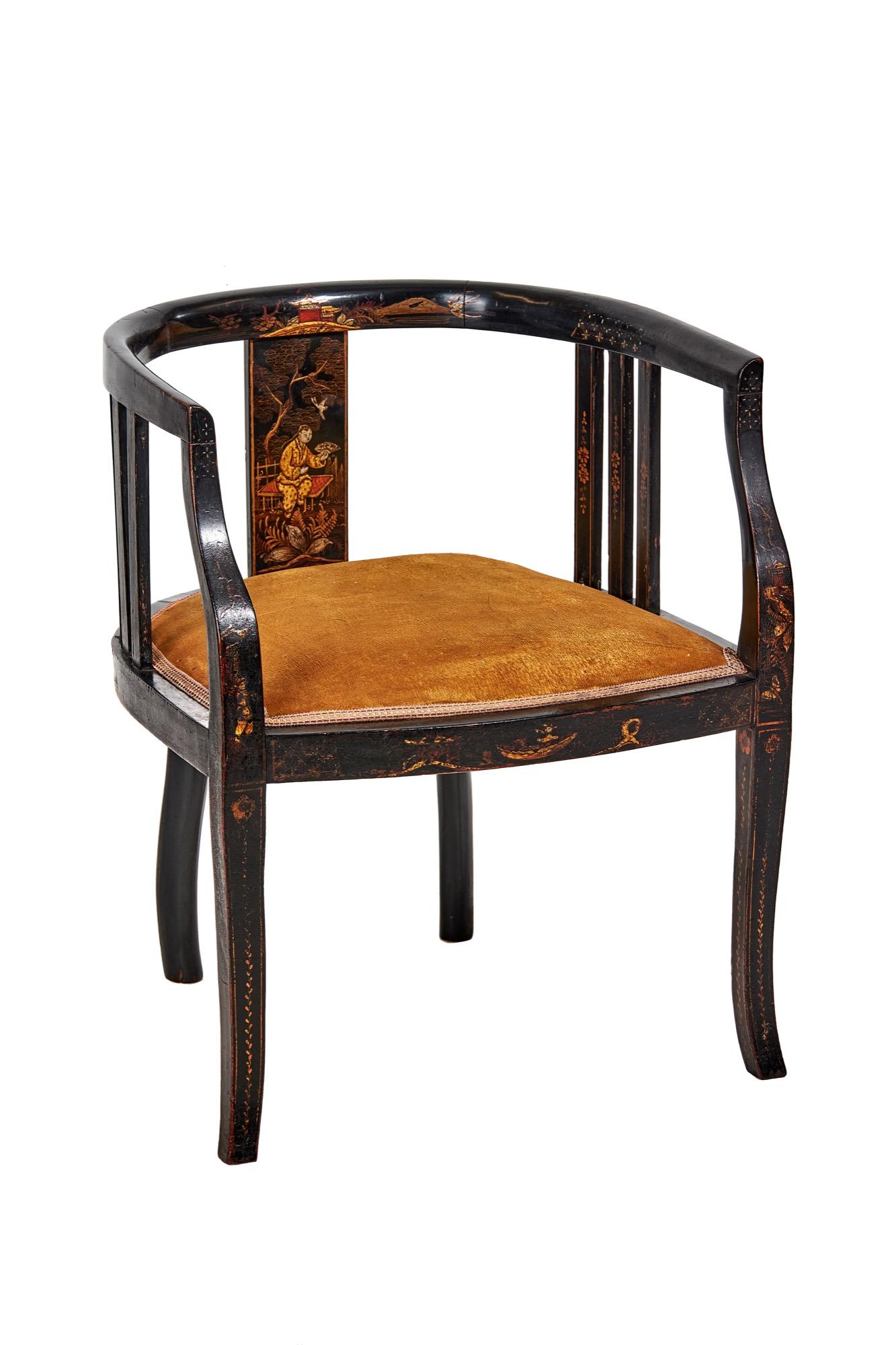 chinoiserie decorated bowback desk chair, circa 1930s
Bow-shaped back, 
Single splat at back, 
With 3 rails on each side,
All the chair frame 
Decorated with: Birds, foliage, figure, trees & house
Upholstered seat,
Shaped Back legs, 
Splayed