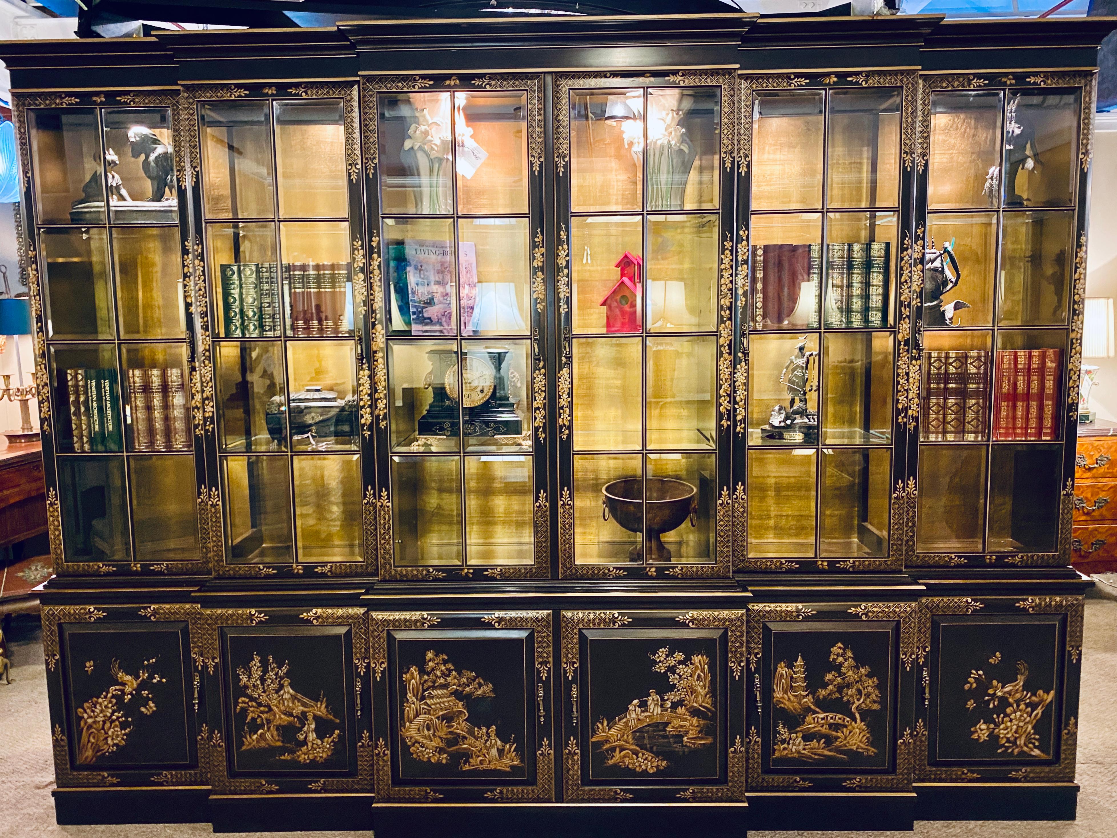 Glass Chinoiserie Decorated Breakfront Bookcase Cabinet, Chocolate & Design Decorated