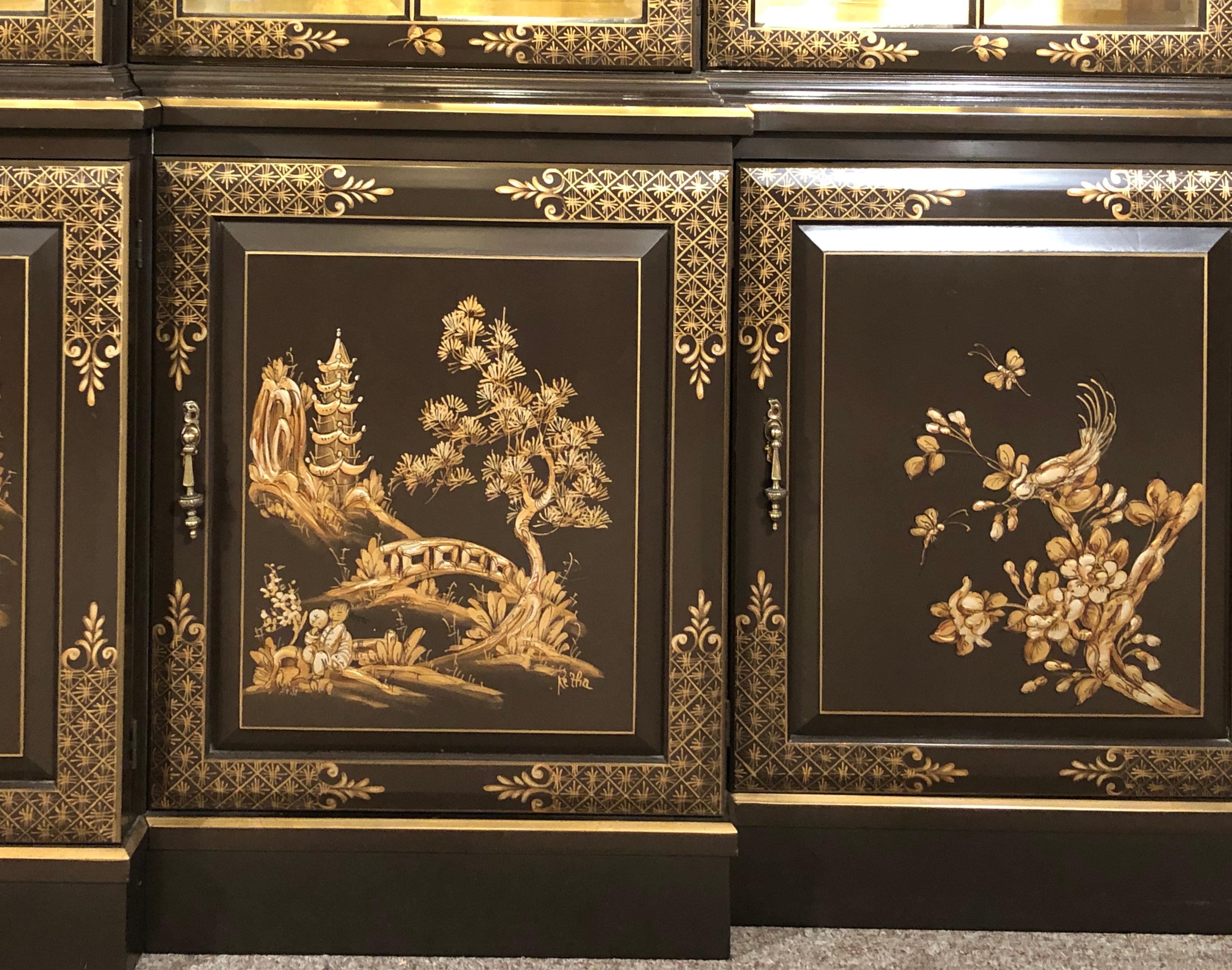 Chinoiserie Decorated Breakfront Bookcase Cabinet, Chocolate & Design Decorated 4