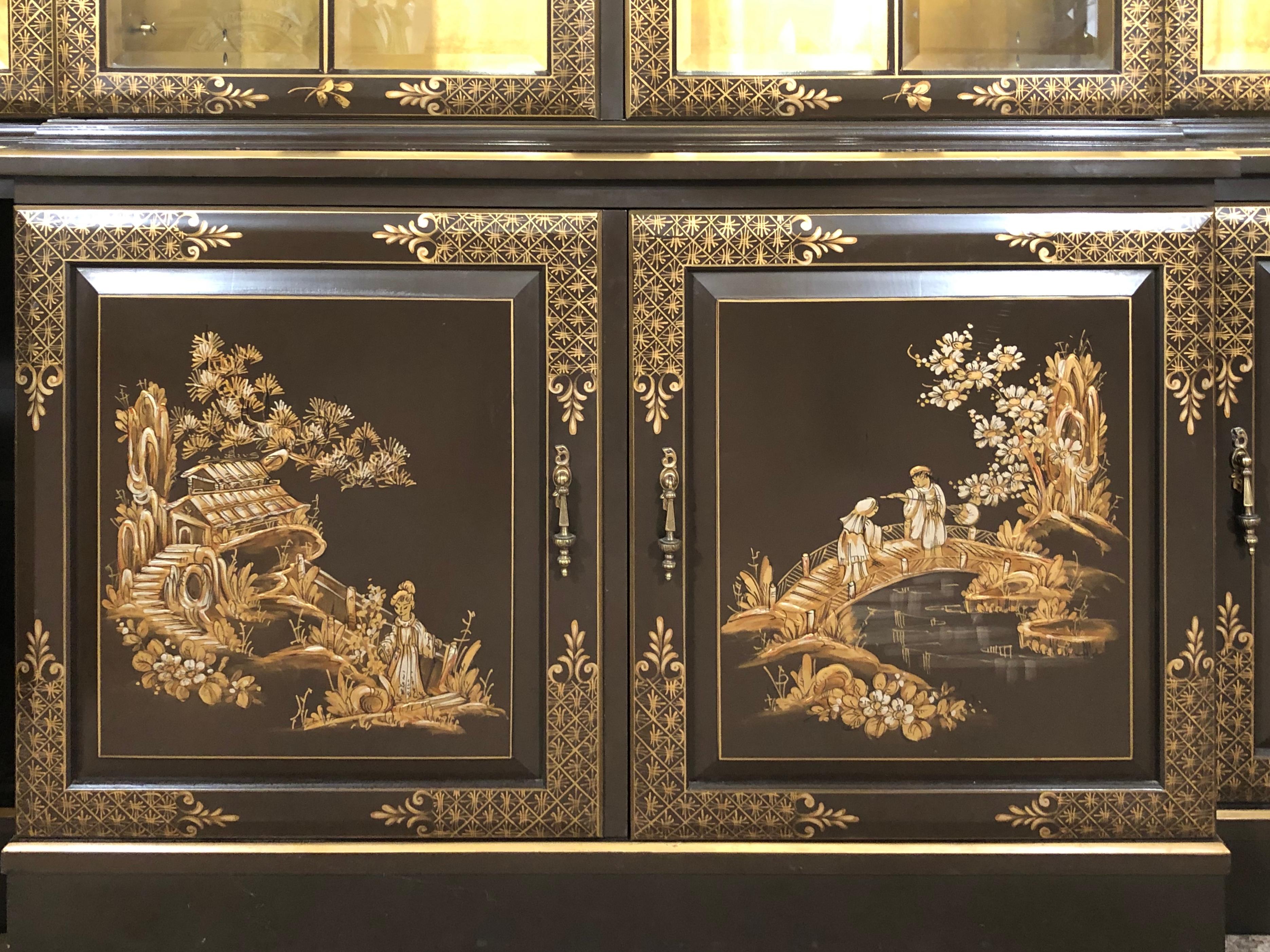 Chinoiserie Decorated Breakfront Bookcase Cabinet, Chocolate & Design Decorated 5