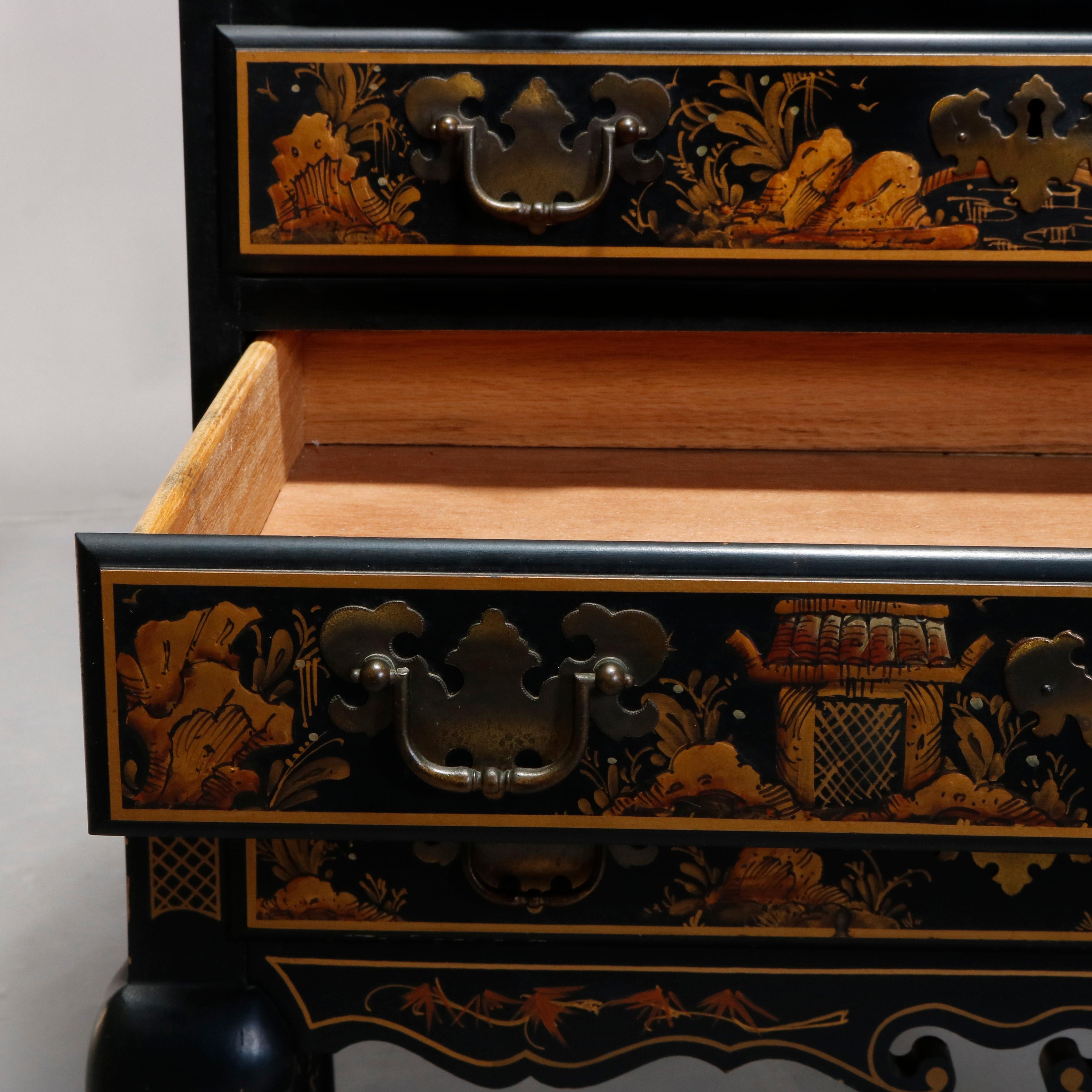 Chinoiserie Decorated Chippendale Style Ebonized Drop Front Secretary 8