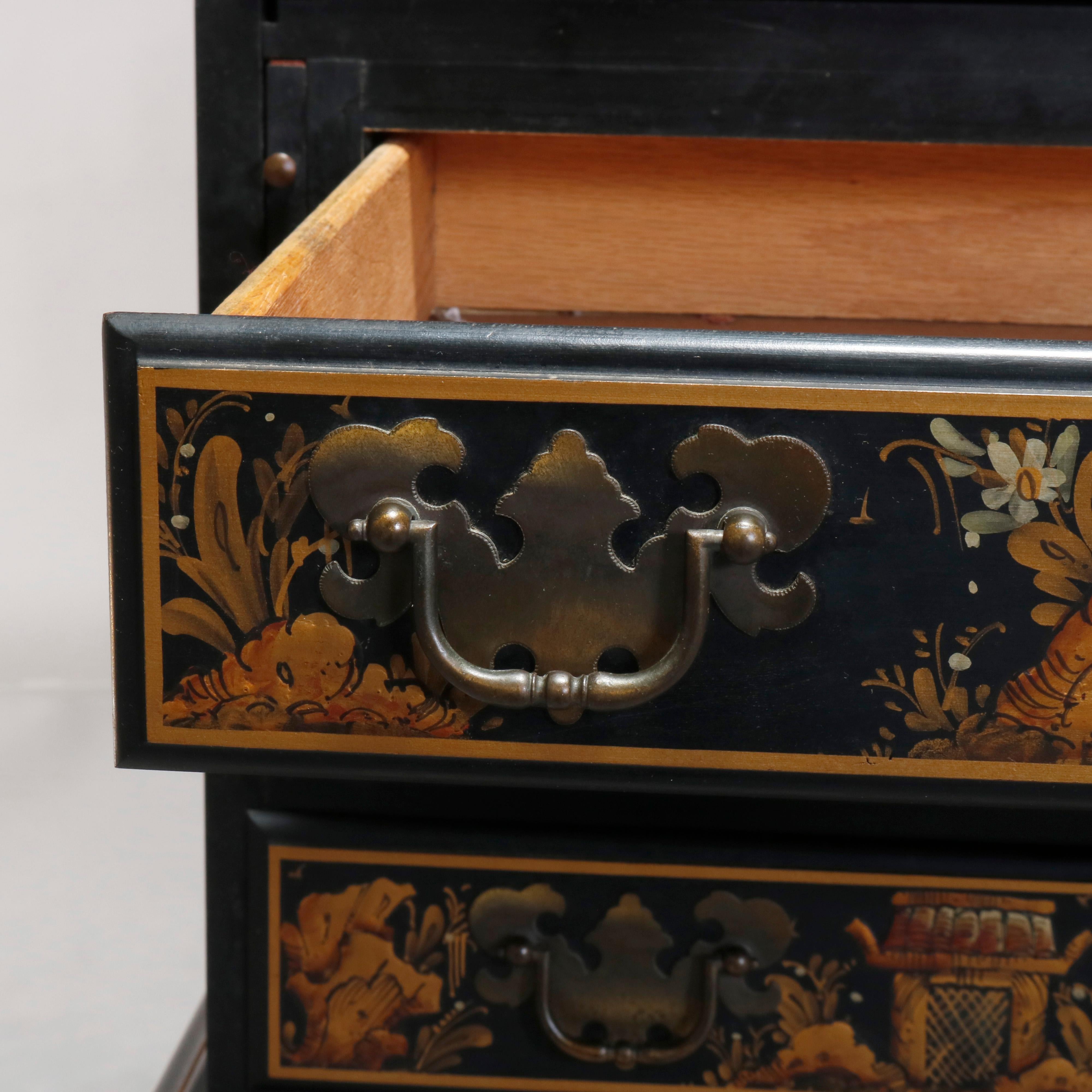 Chinoiserie Decorated Chippendale Style Ebonized Drop Front Secretary 10