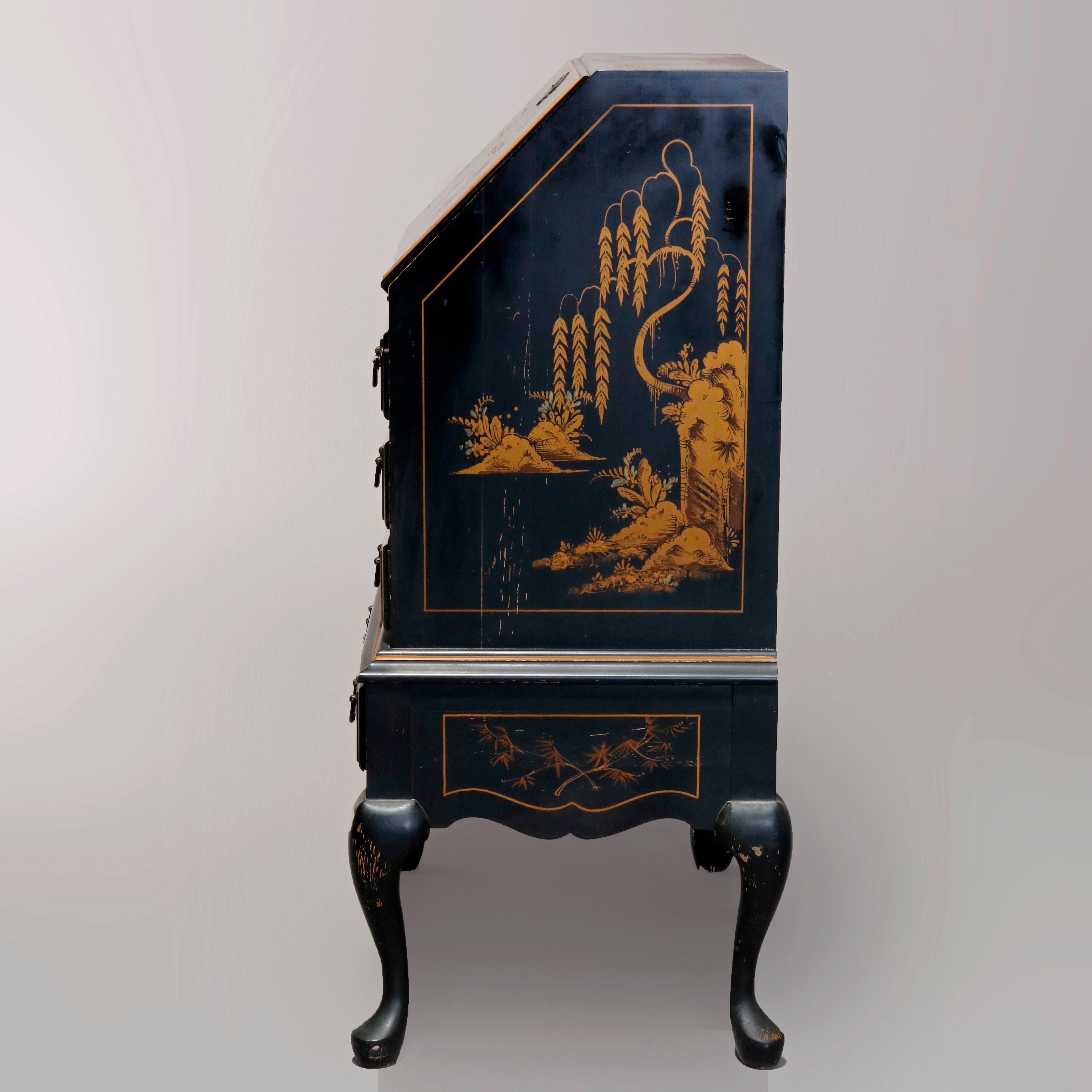 A vintage Chippendale style secretary offers chinoiserie decorated ebonized finish with landscape and garden scenes having pagodas and birds including herons, slant front drops down to reveal desk with pigeon holes and surmounts case with long