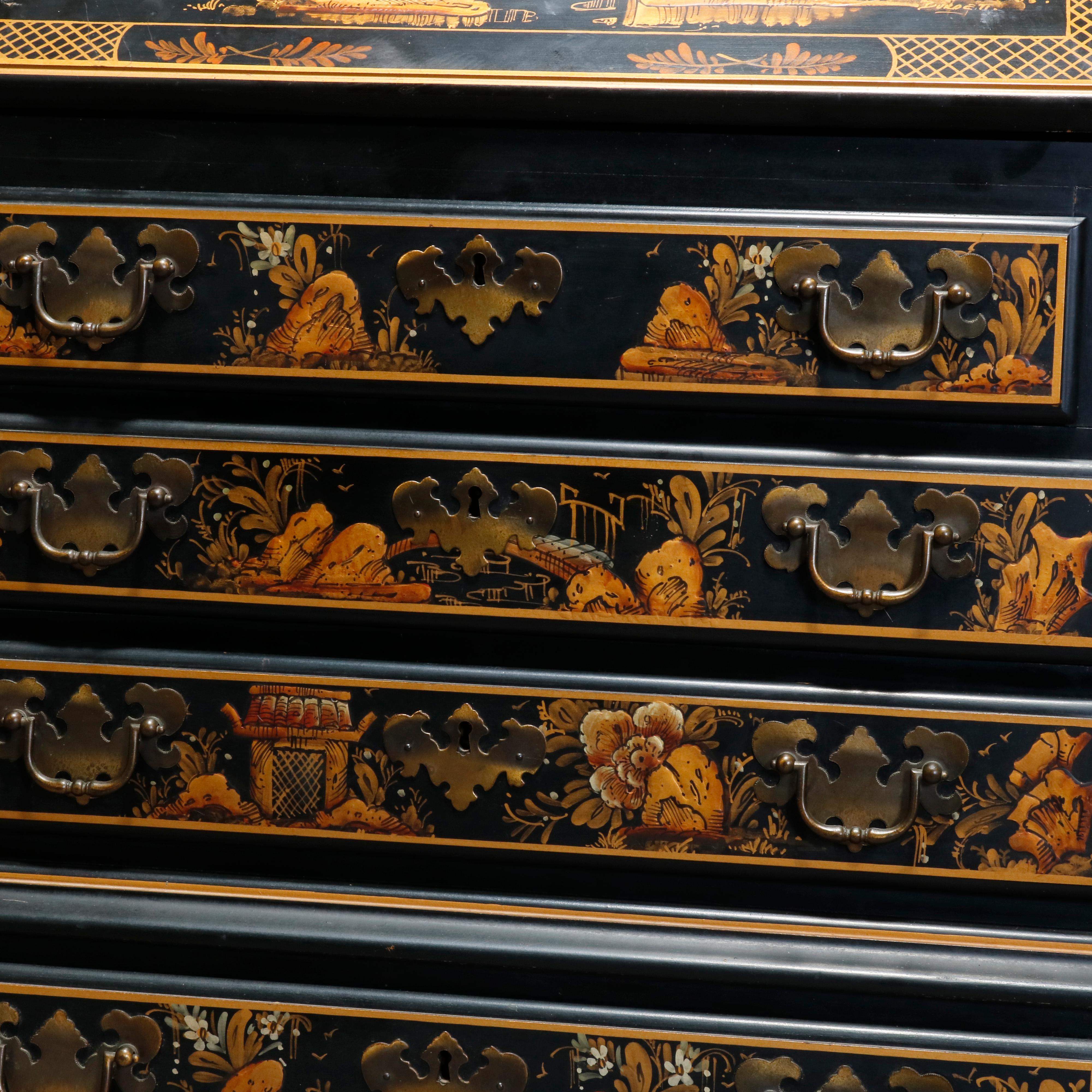 European Chinoiserie Decorated Chippendale Style Ebonized Drop Front Secretary