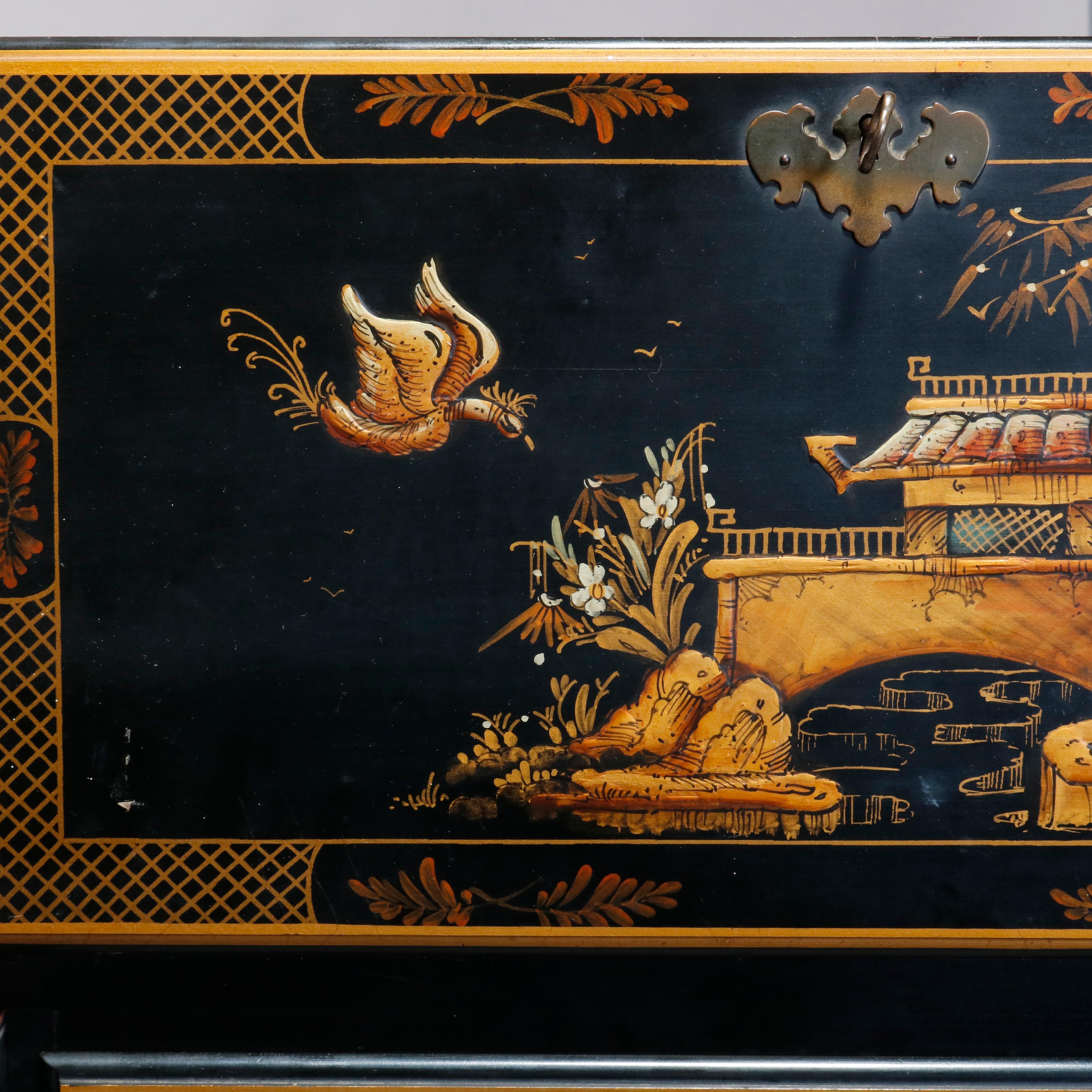 Chinoiserie Decorated Chippendale Style Ebonized Drop Front Secretary In Good Condition In Big Flats, NY